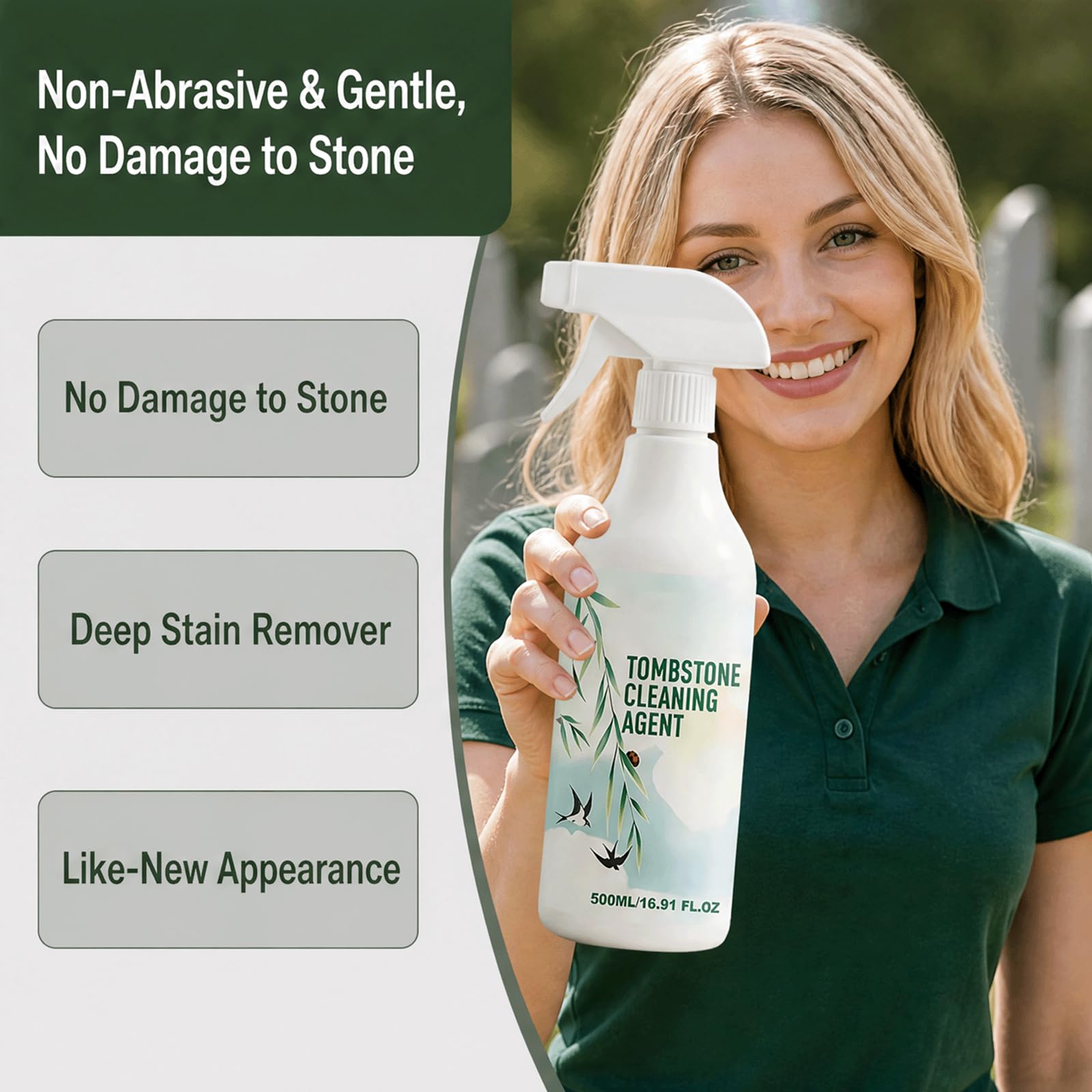 Spray de limpieza seguro y no abrasivo para lápidas y monumentos, elimina el musgo duro, la suciedad y las manchas de agua al instante, sin daños, restaura el brillo y forma una película protectora