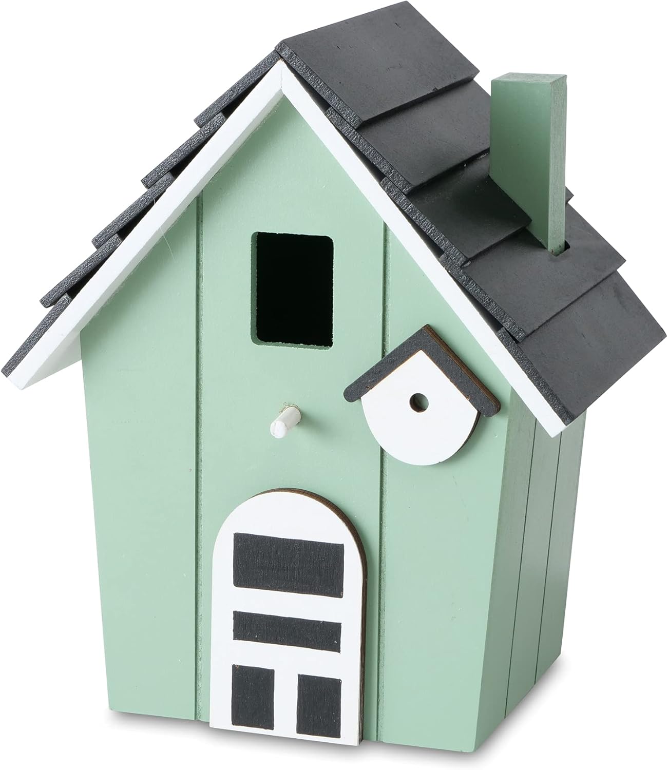 Bird House with Black Stepped Roof, Rustic Pale Green, Modern Farmhouse Panels, Applied Arched Window Details, Perch, 8 Inches