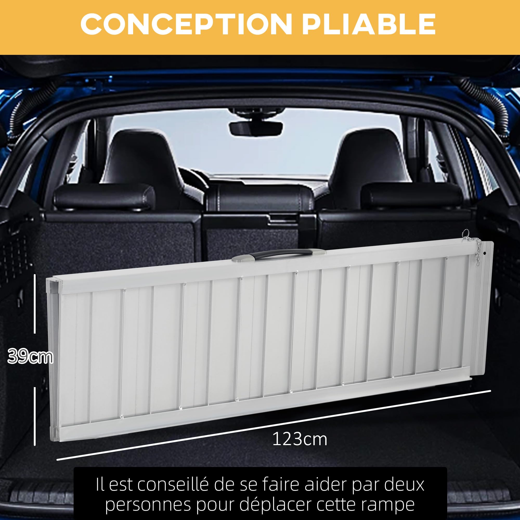 HOMCOM - Rampa de silla de ruedas plegable antideslizante 123x74 cm | Rampa de carga de chorro de arena, aleación de aluminio, bordes de seguridad, pegatinas reflectantes, carga máx. 270 kg