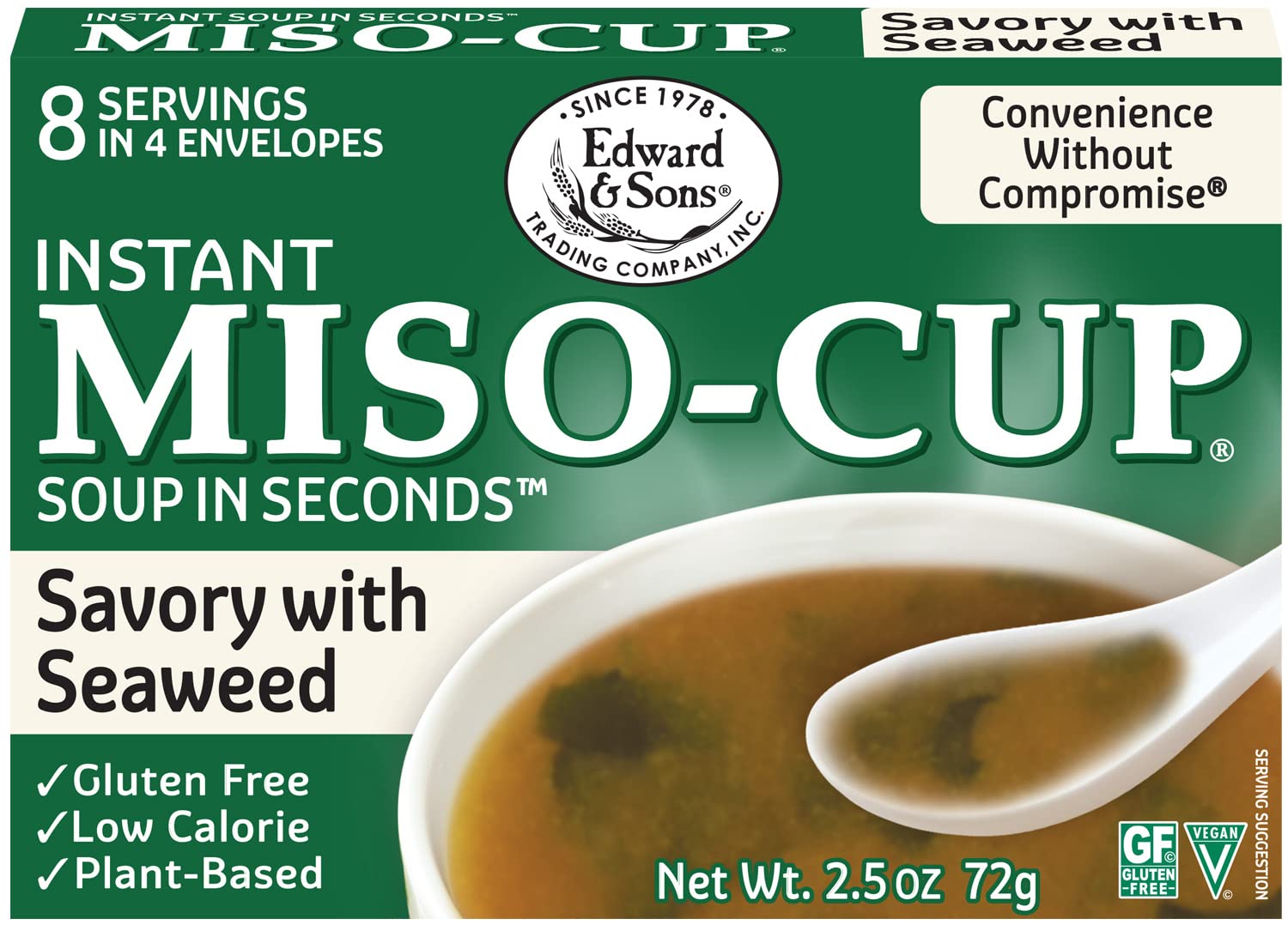 Edward & Sons Miso Cup Soup with Seaweed, Two Serving Envelopes, 4 Count Box (Pack of 12)