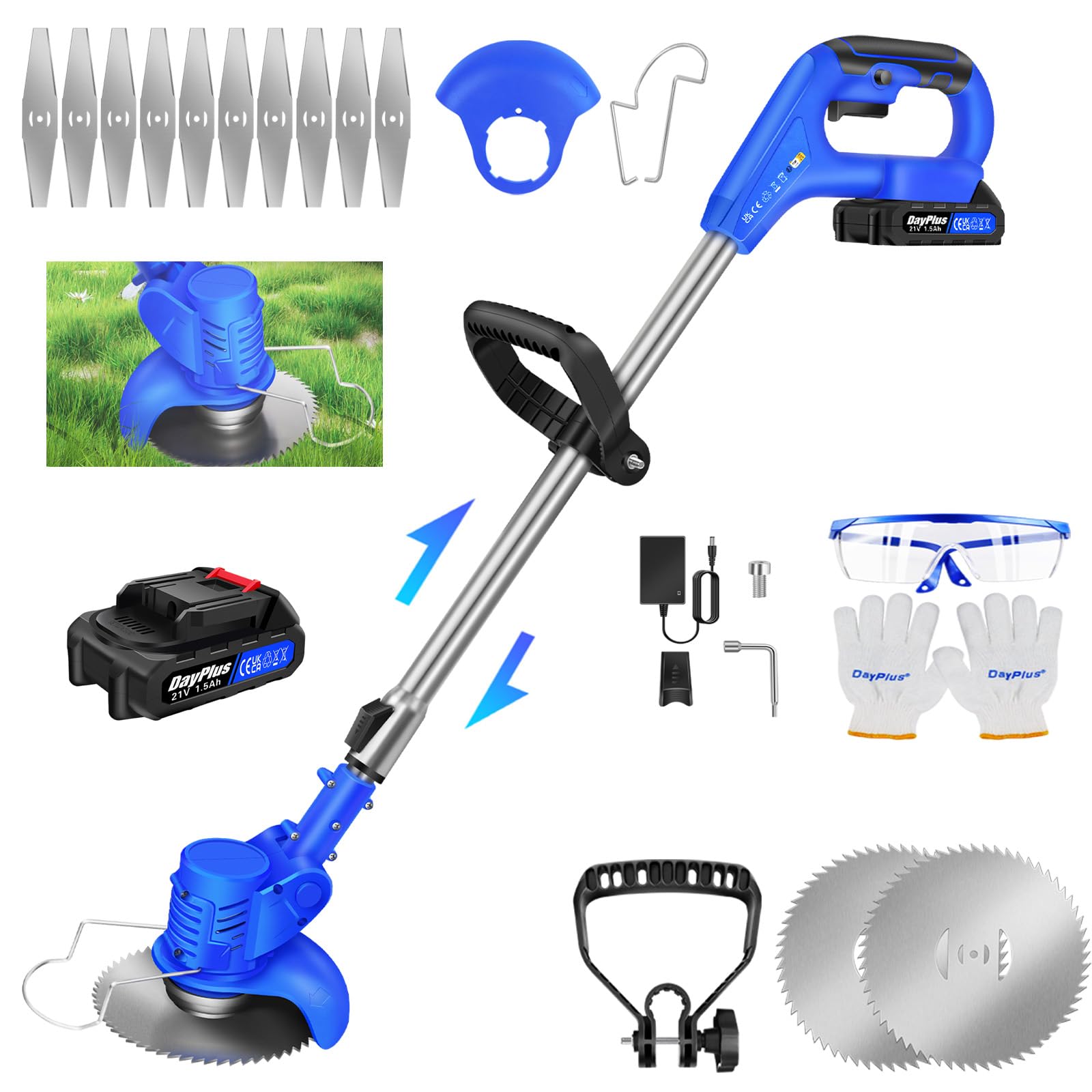Decespugliatore a batteria, decespugliatore elettrico con batteria e caricabatterie, impugnatura regolabile, tubo telescopico, testina girevole a 90°, 10 lame, adatto per giardini, prati e arbusti