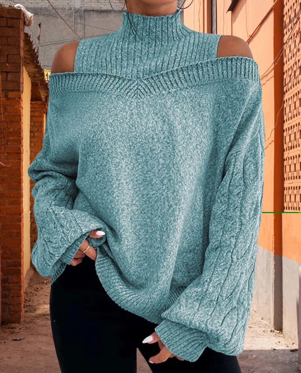 Turtleneck Sweaters for Womens Fall Fashion Casual Off The Shoulder Long Sleeve Solid Knit Pullover Sweater Top - Image 3