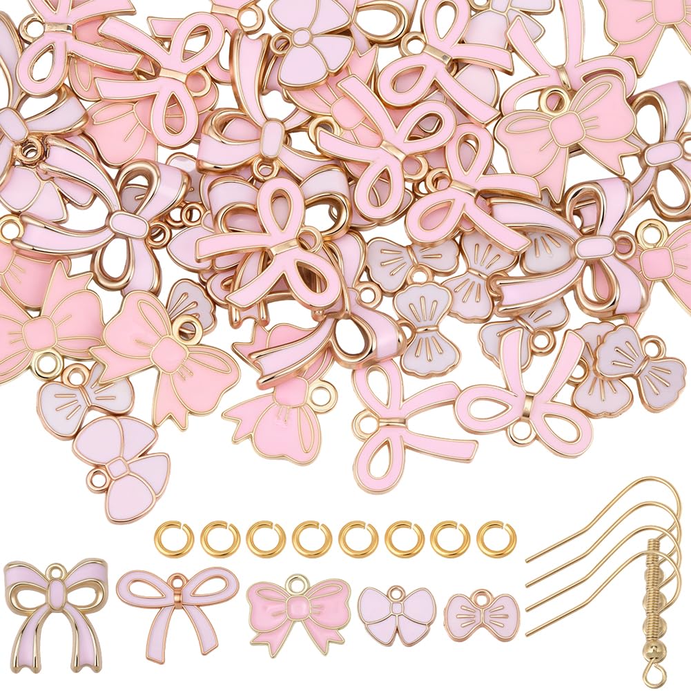 50 Breloque Nœud Papillon Rose Émail et Crochets Boucles d'Oreilles Acier
