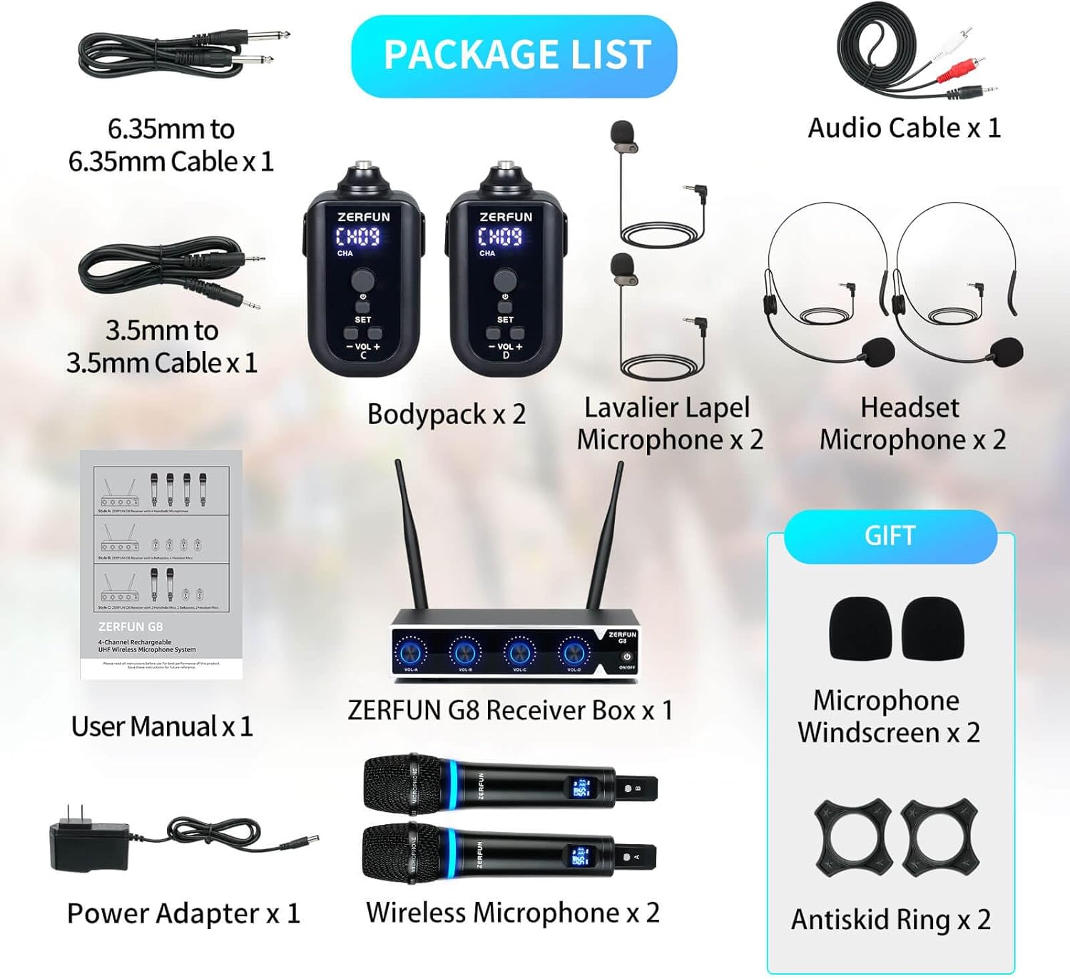Rechargeable Wireless Microphone System 4 Channel Pro, UHF Metal Handheld Headset Lavalier Lapel Mics Cordless for Church Karaoke Singing with Volume Control, 4x50 Frequency(G8) - Image 7