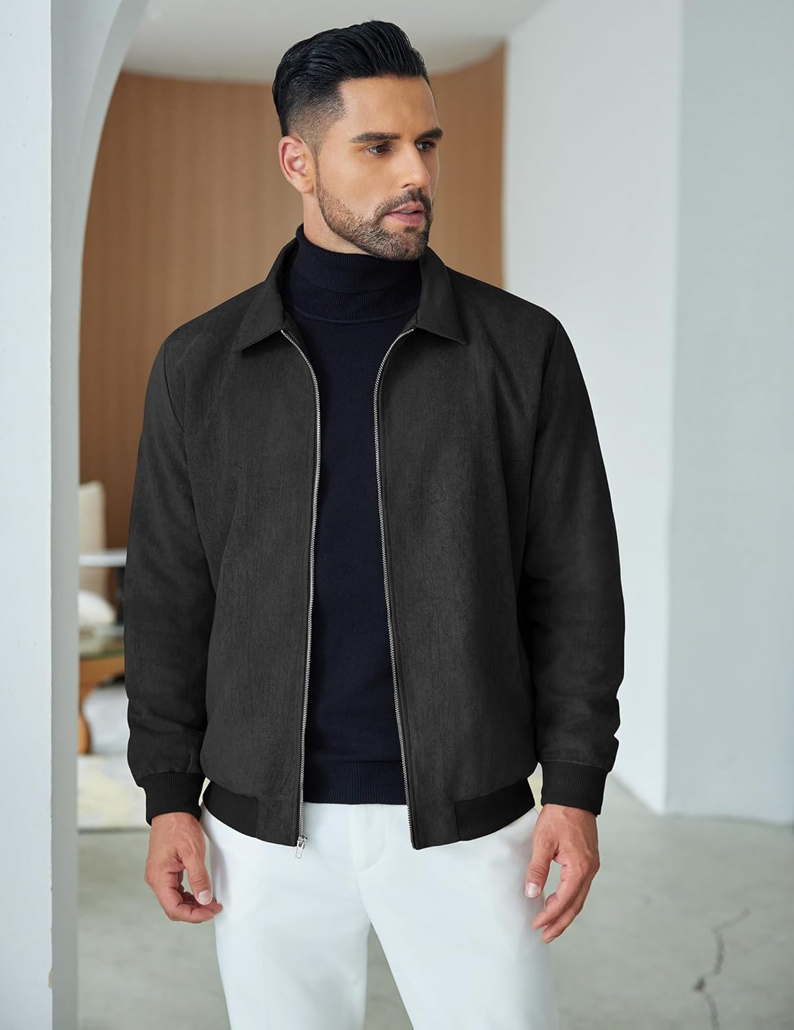 COOFANDY Men's Casual Suede Bomber Jacket Lightweight Full Zip Up Jackets Vintage Faux Leather Jacket - Image 3