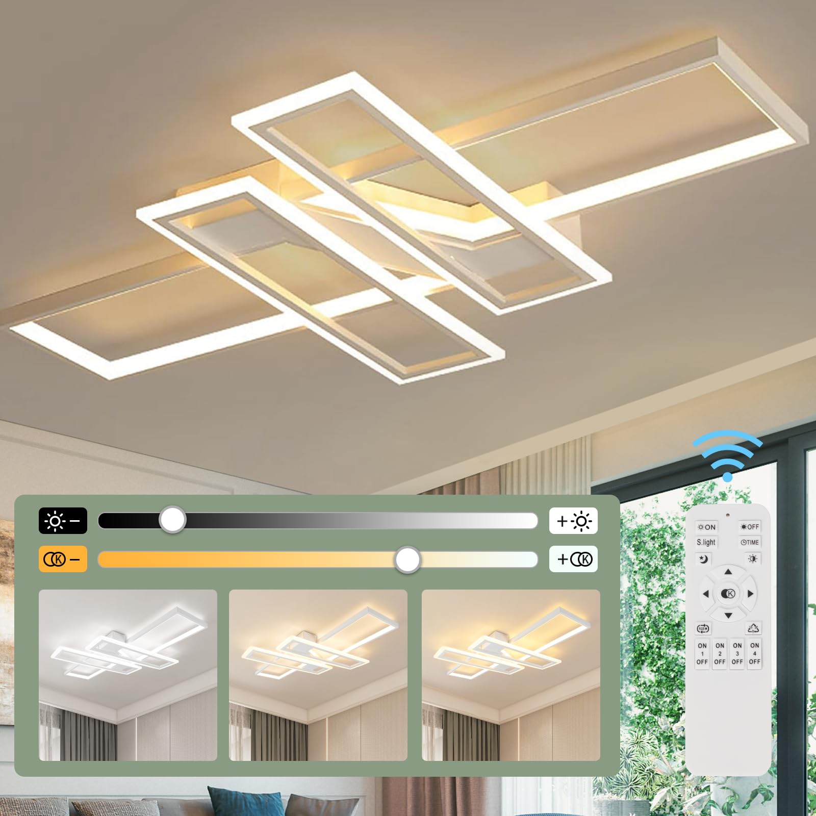 EIDISUNY Dimmable LED Ceiling Lights Fixture Rectangle Geometric White Ceiling Light Led with Remote Control Modern Ceiling lamp for LivingRoom Bedroom Kitchen Hall Diningroom Country House 94W White