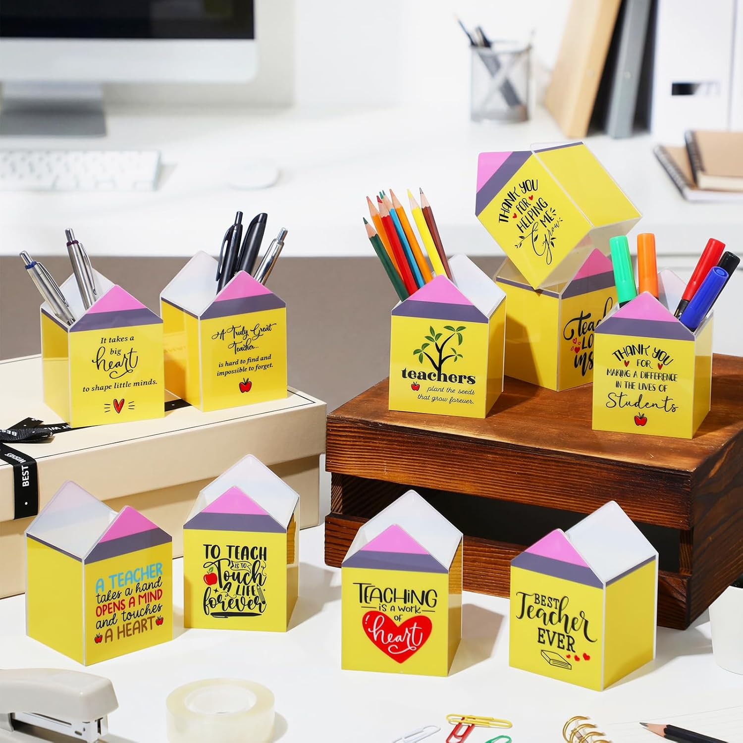Sherr 10 Pcs Teacher Appreciation Gifts Bulk Pencil Shaped Pen Holders Acrylic Pen Organizer Containers Teacher Appreciation Week Gifts for Teachers Paraprofessional Coworker School Office Desk Decor