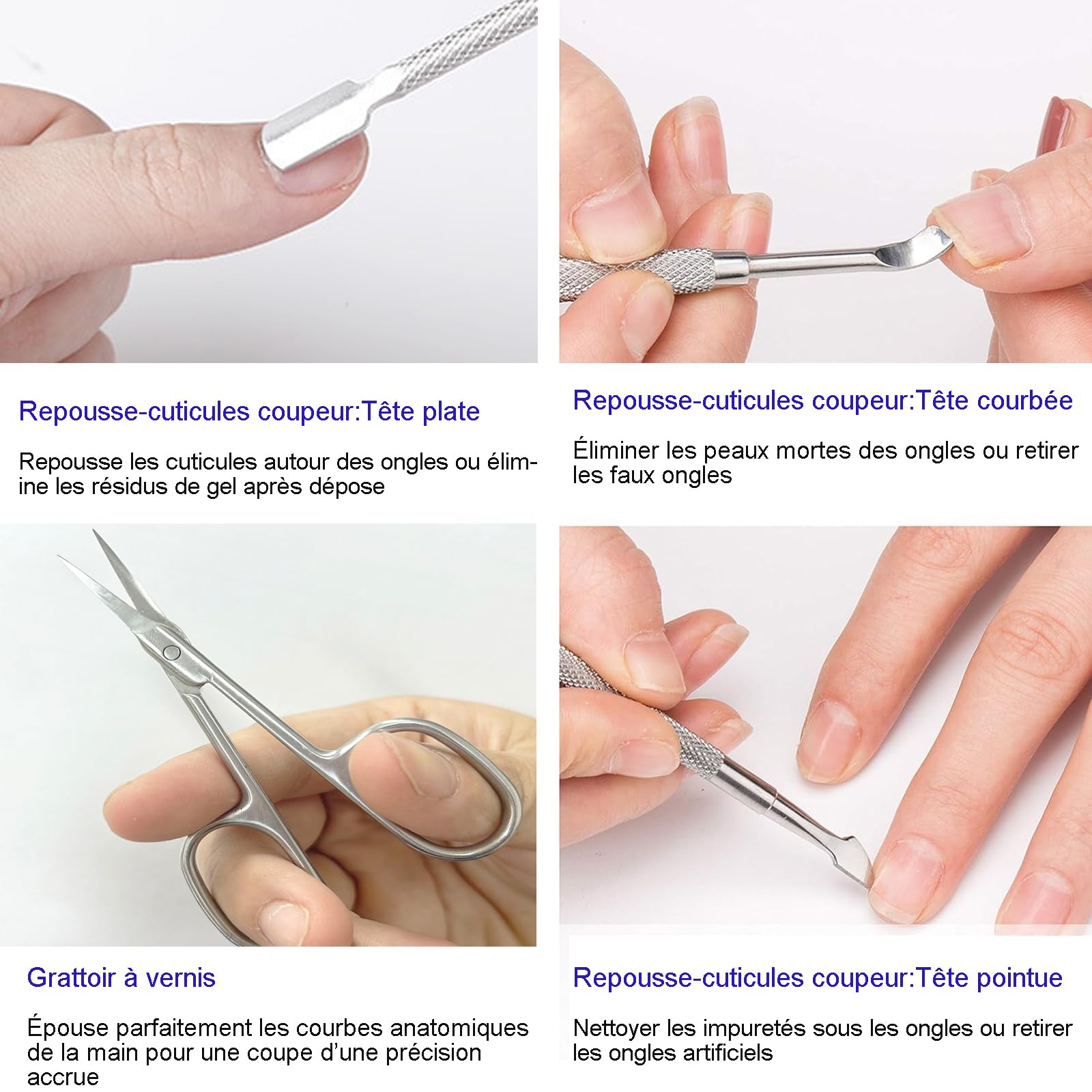 Ciseaux à Cuticules Professionnels + Pousse-Cuticules Double-Fonction (3 Pièces) - Kit Manucure/Pédicure en Acier Inoxydable Anti-Corrosion - Précision Salon (Argent)
