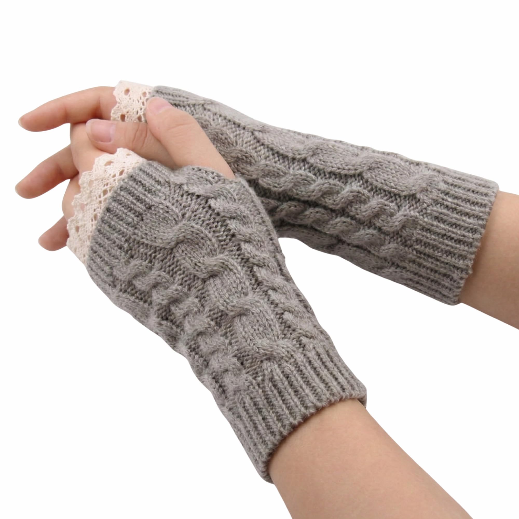 Women’s Cable Knit Fingerless Gloves – Winter Arm Warmers with Elegant Lace Trim & Thumb Hole – Soft Woolen Thermal Half Finger Mittens for Typing, Driving & Office Work (Free Size, khaki)-1-image-48