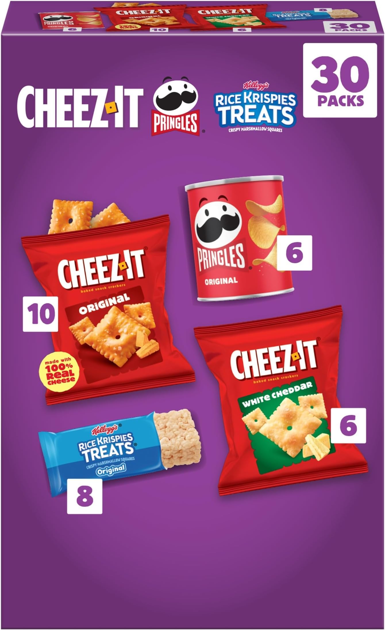 Kellogg's Cheez-It, Pringles & Rice Krispies Treats Snacks Mega Variety Pack, 30.1oz Box (30 Count)