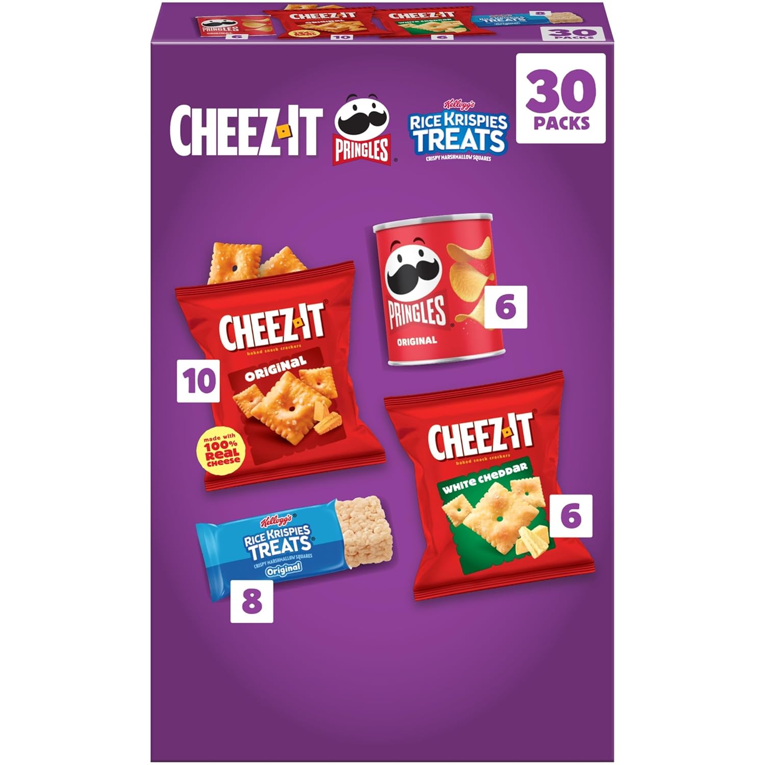 Kellogg’s Cheez-It, Pringles & Rice Krispies Treats Snacks Mega Variety Pack, 30.1oz Box (30 Count)
