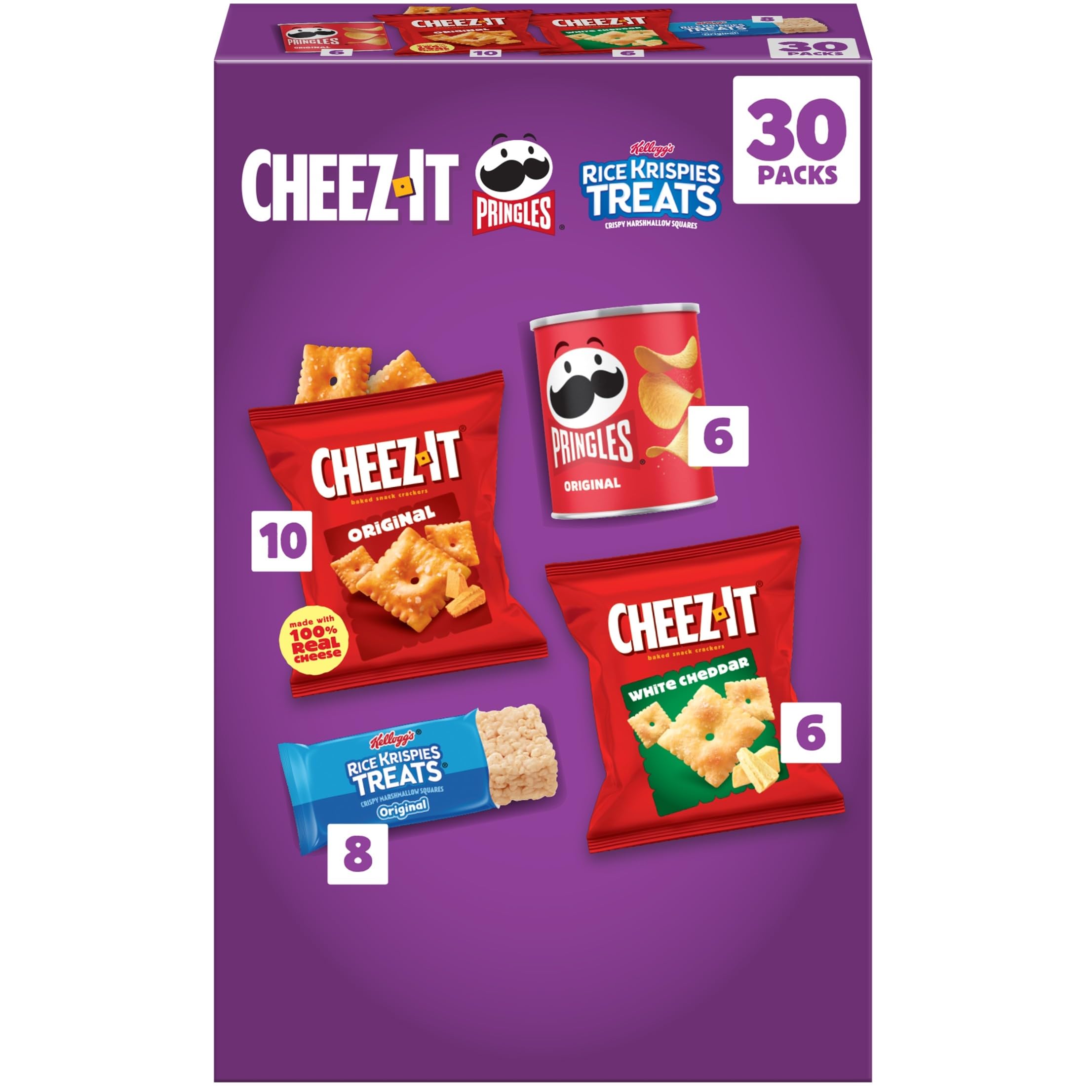 Kellogg's Cheez-It, Pringles & Rice Krispies Treats Snacks Mega Variety Pack, 30.1oz Box (30 Count)