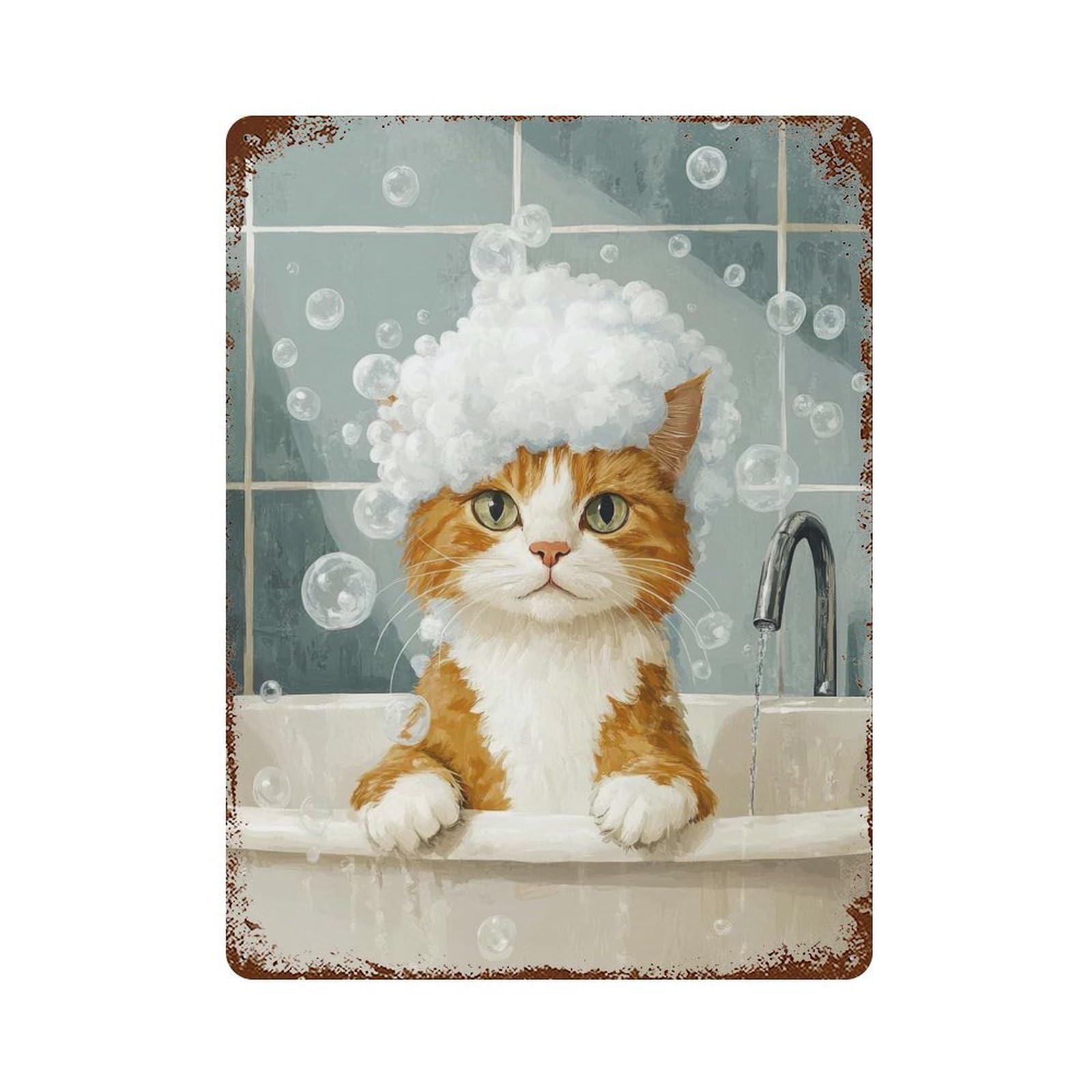Rust Effect Cat in A Bubble Bath Vintage Metal Tin Sign 15.7"x11.8", Farmhouse Wall Decor for Garage, Bar And Workshop Decor