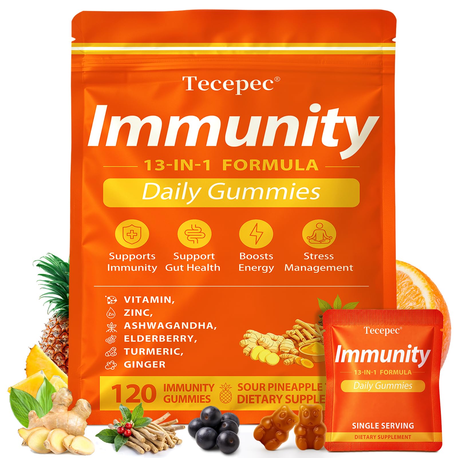 Daily Immunity Gummies for Women Men -Sour Pineapple Flavor-120 Count