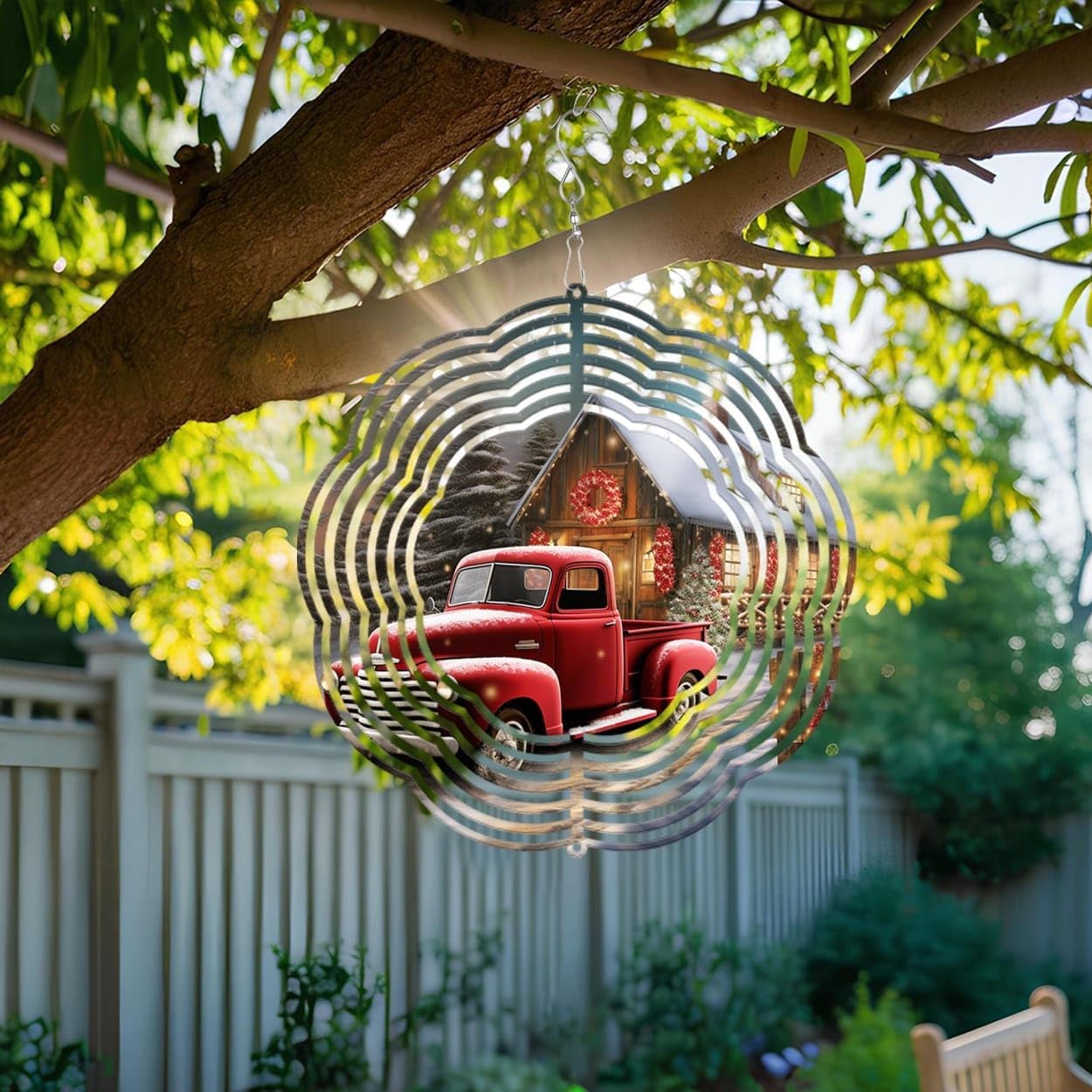 Red Truck with Farmhouse Christmas Wind Spinners 3D Stainless Steel Laser Cut Metal Double Sided Printing-Hanging Indoor/Outdoor Decorations Yard Gardening Decor,Metal Kinetic Art 14x14 inches