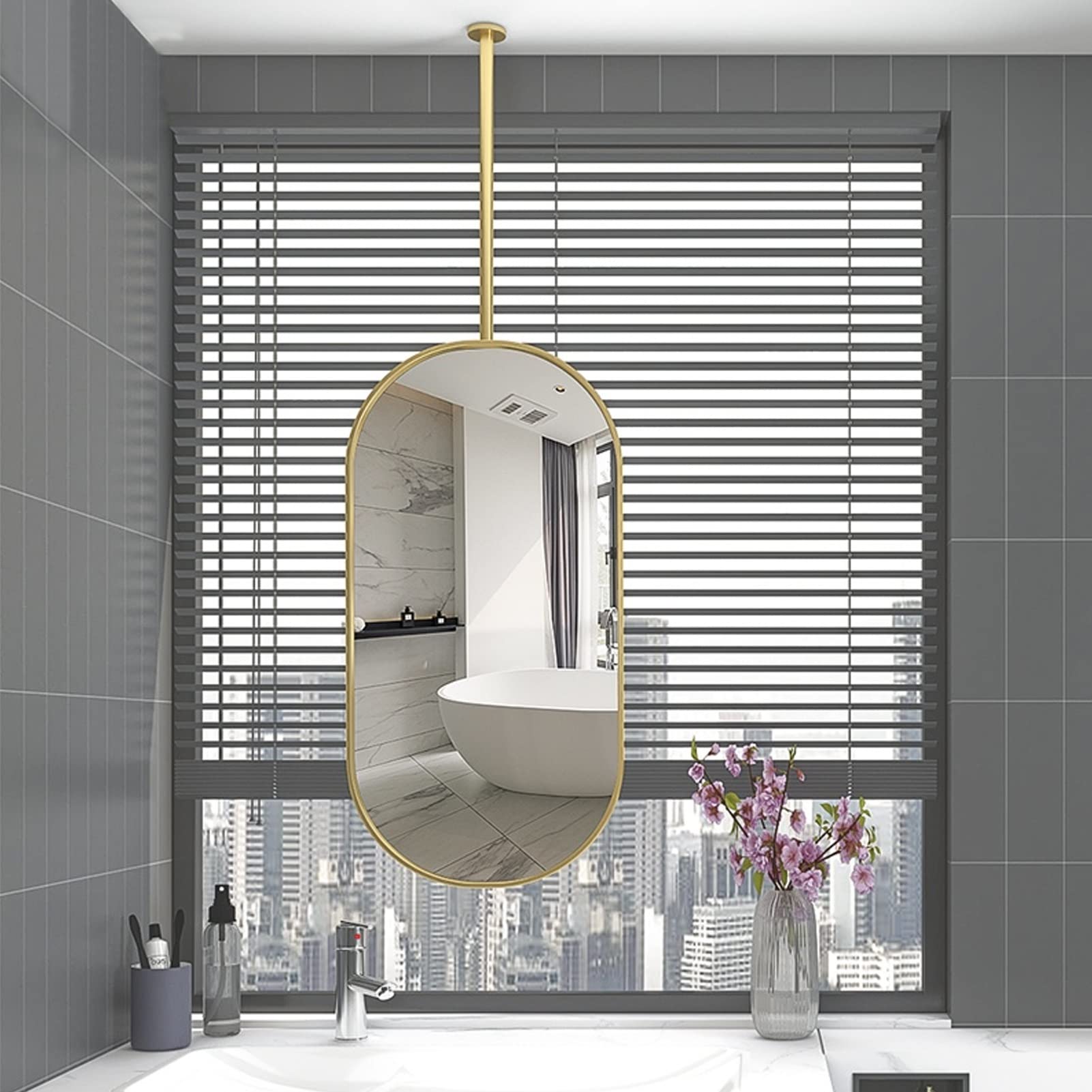 Owalne lustro z wiszącym prętem Nordic Lustro montowane na suficie do łazienki Toaleta Makijaż Golenie Salon Sypialnia Dom Konfigurowalne lustro wiszące z metalowym wysięgnikiem (rozmiar: 50
