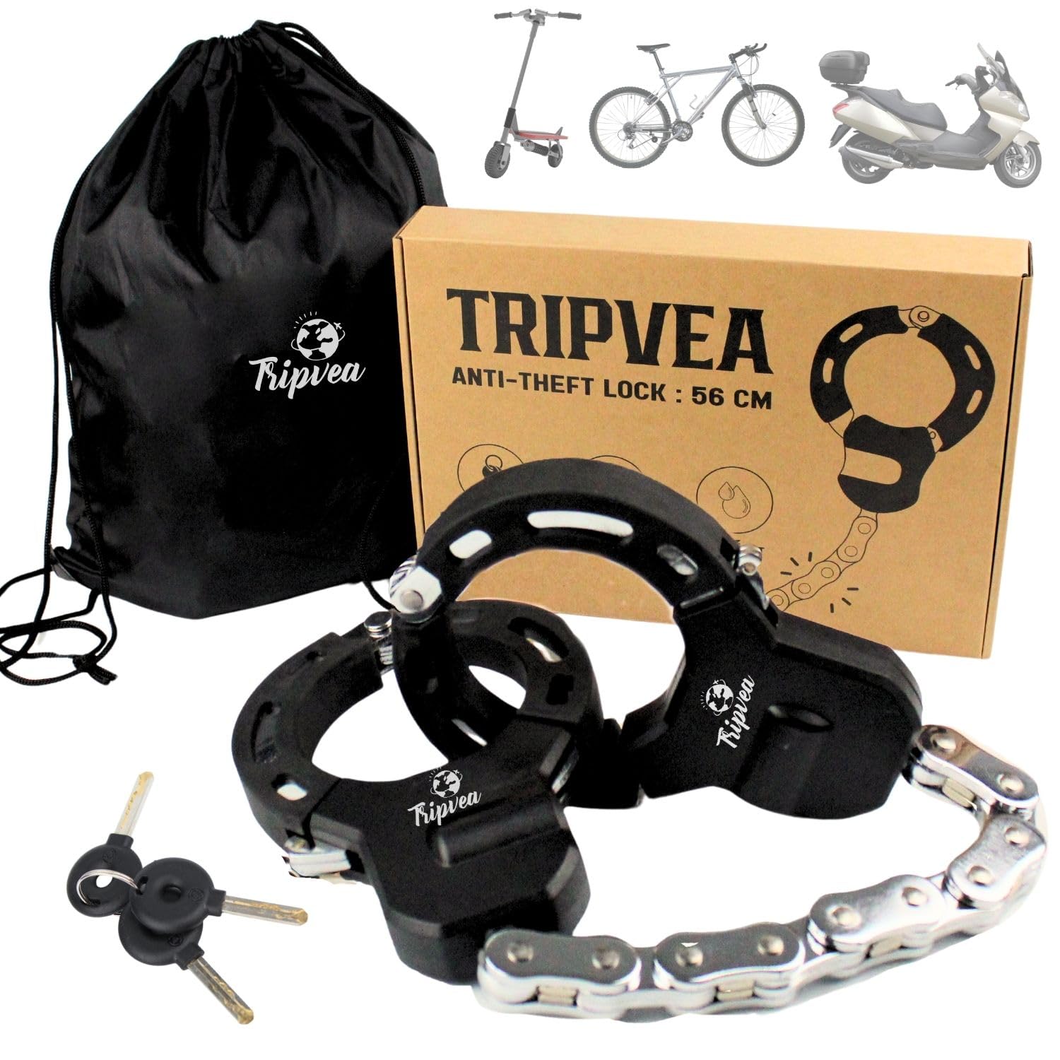 TRIPVEA® Electric Scooter Lock, Bicycle Lock, Buggy Lock, Heavy Duty Padlock, Anti-Theft Handcuffs with 9 Links Chain, Anti-Theft Length 55 cm, Handcuffs Diameter 7.5 cm, Lock + 3 Keys