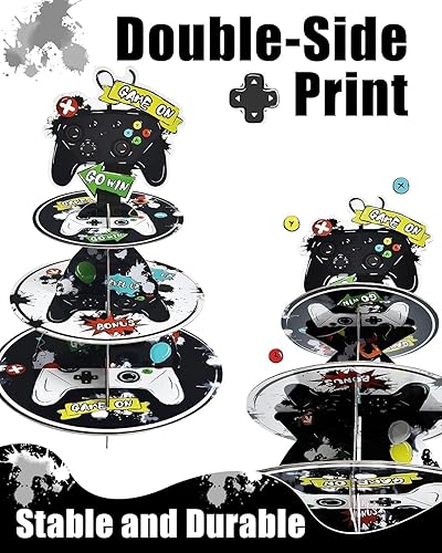 Vista 2 de Soporte para cupcakes de videojuegos – Suministros de fiesta de videojuegos para niños, jugadores, cumpleaños, 3 niveles, soporte para cupcakes