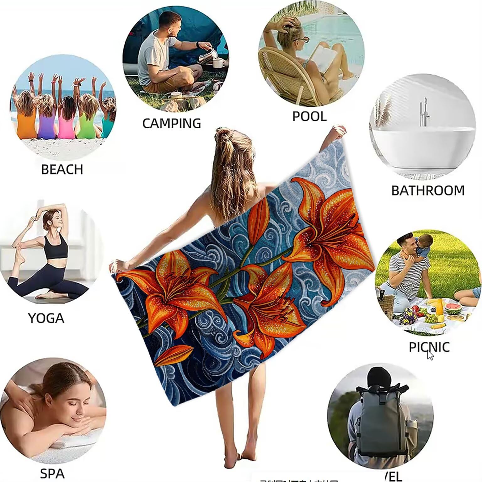 Ręcznik plażowy niebieski ręczniki plażowe dla dorosłych 90 x 199 cm liliowy ręcznik z mikrofibry ręcznik kąpielowy bez piasku, chłonny szybkoschnący lekki akcesoria plażowe do pływania, wakacji, jogi