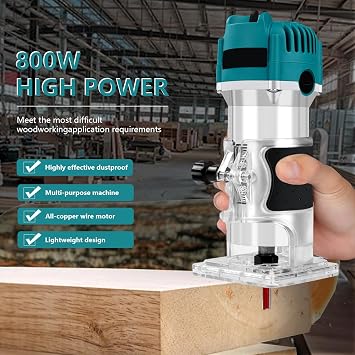 Wood Router Tool for Woodworking, 800W Wood Trimmer Router 20mm Depth Adjustable Electric Hand Trimmer 30000R/MIN Hand Trim Router for Slotting Trimming Carving