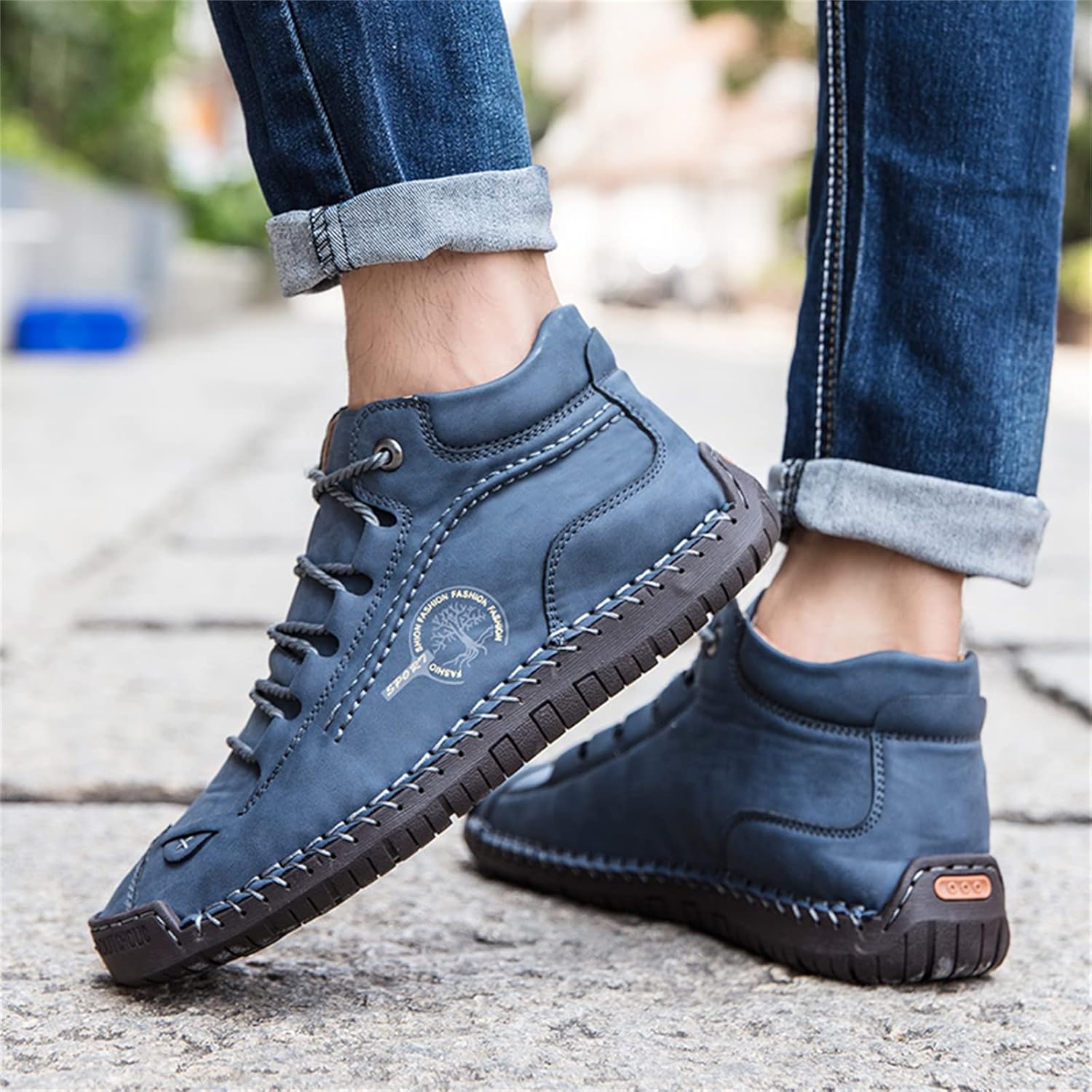 Miniatura 7 de Dacomfy Zapatos casuales para hombre, botas chukka de piel sintética, con costuras a mano, zapatos de moda, cómodos, zapatos planos para caminar,