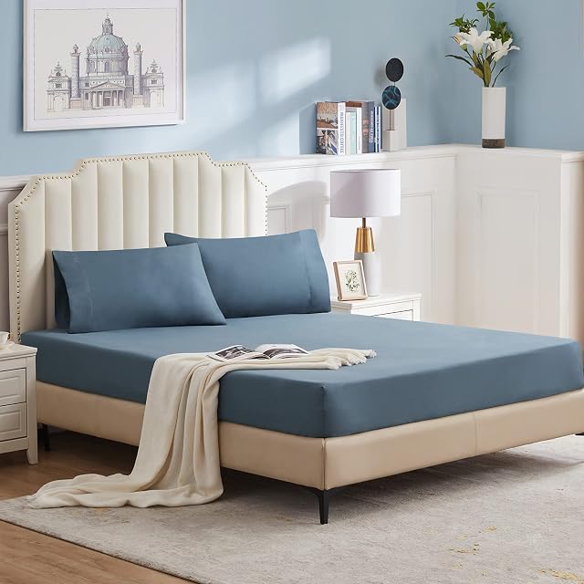 Lifewit Double Fitted Sheet Ultra Soft Fitted Bottom Sheet with Deep Pocket for Mattress Up to 34cm, Wrinkle Free & Fade Resistant-1 Fitted Sheet Only, Blue
