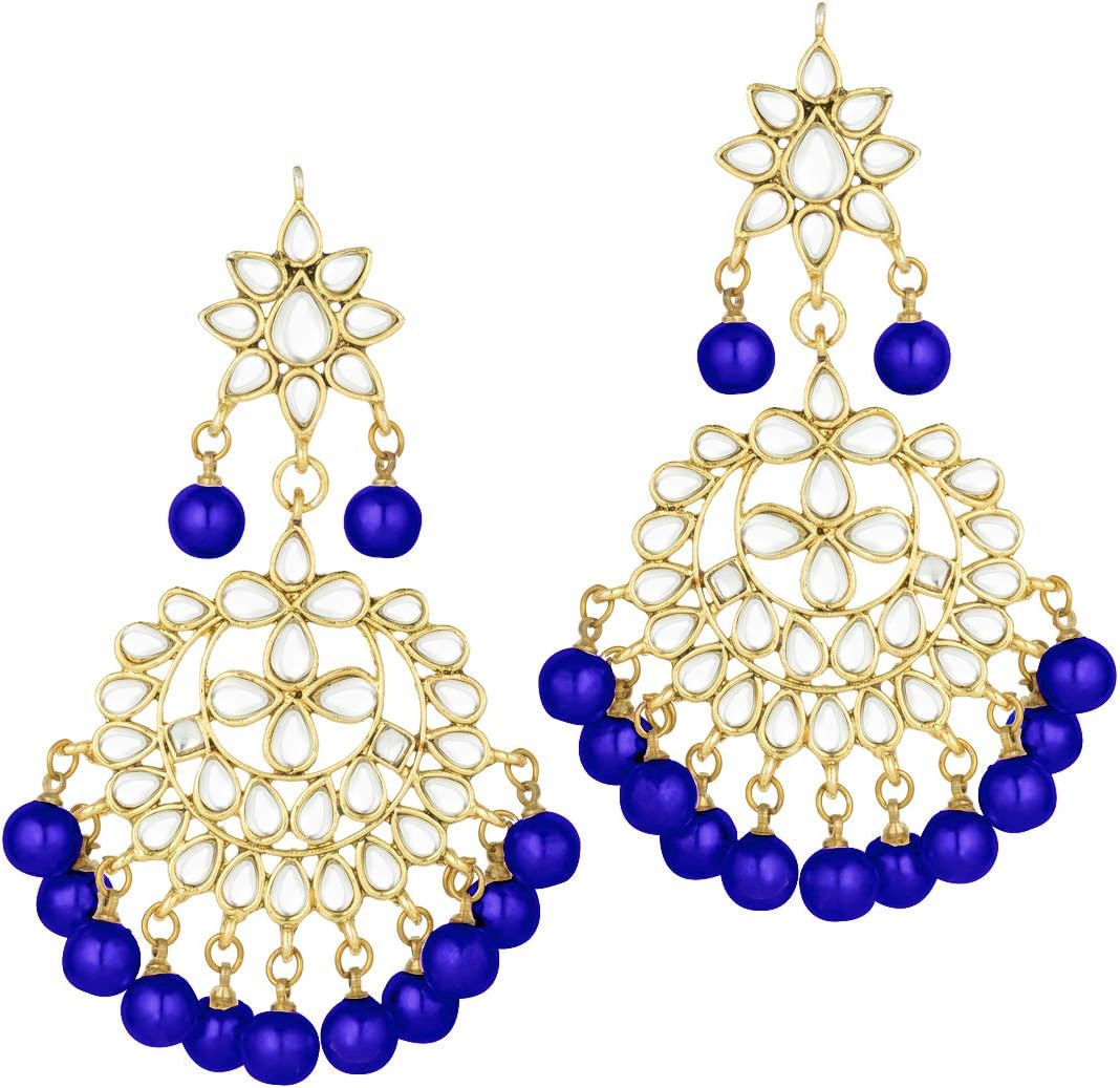 Aheli Indian Faux Kundan Dangle Earrings with Red Drop Beads Wedding Party Ethnic Fashion Jewelry Gift for Women Blue