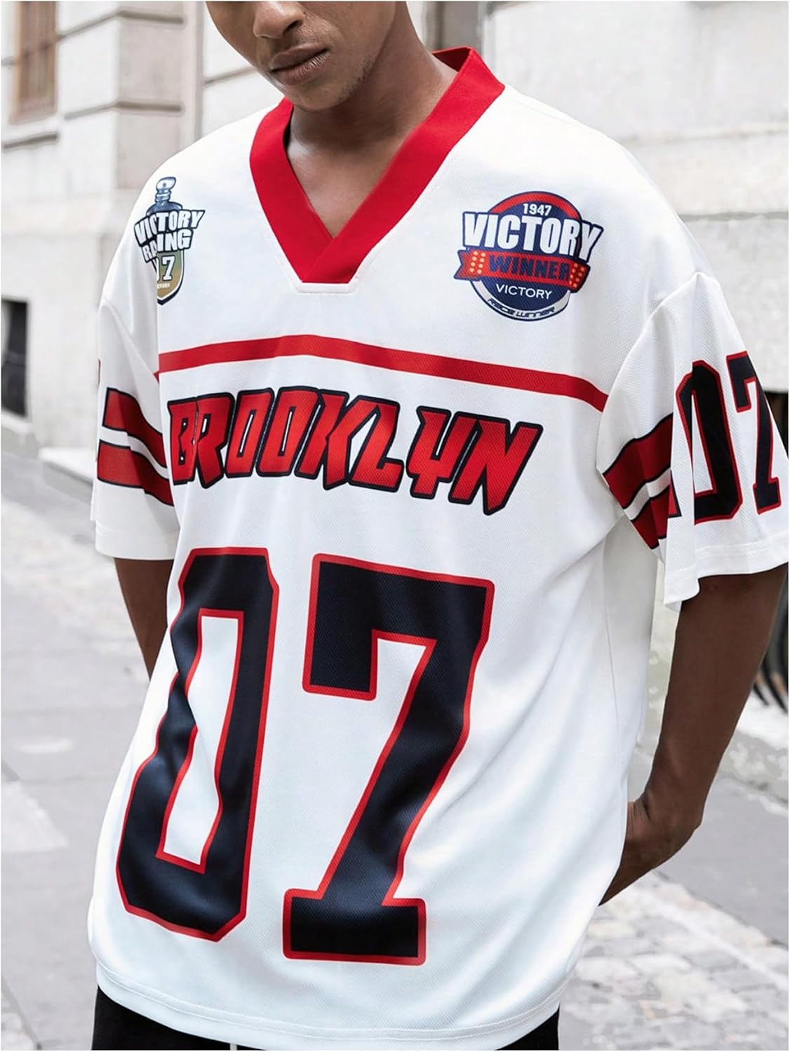 GORGLITTER Men's V Neck Racing Print Jersey Shirt Number Graphic Oversized Short Sleeve Streetwear T-Shirt - Image 4