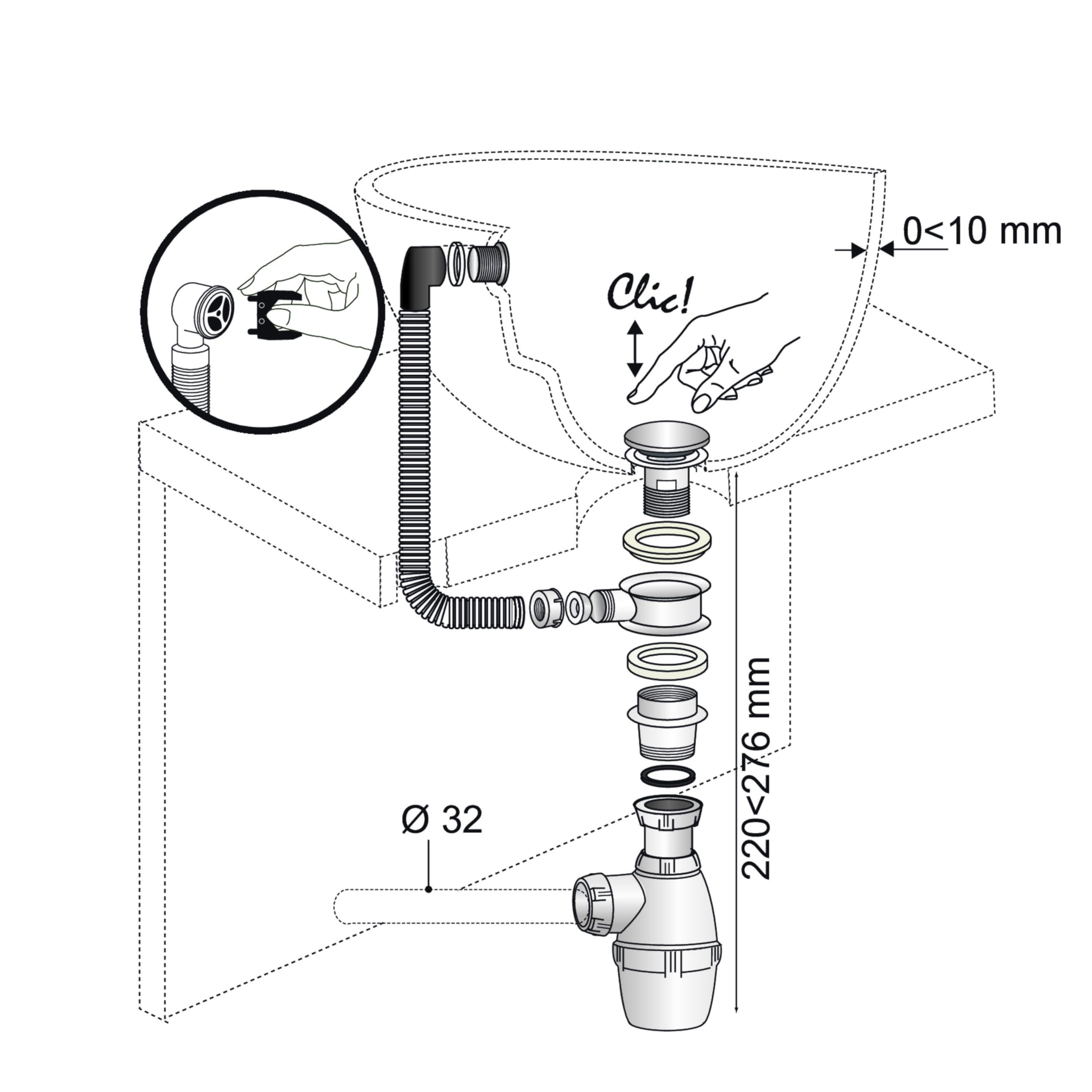 Wirquin 30723316 30723316-Set Completo di Scarico per lavabo con valvola in Acciaio Inox e troppopieno, Bianco