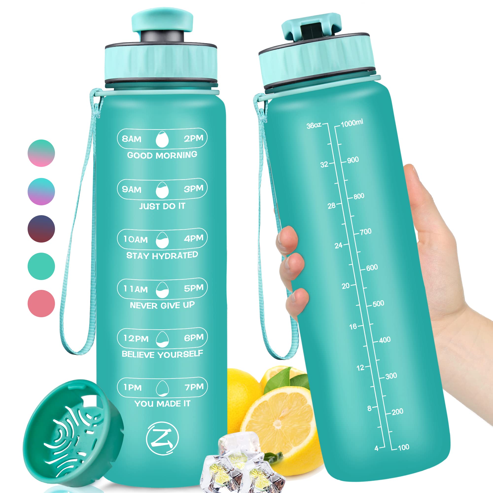 ZOMAKE32oz Motivational Water Bottle with Times to Drink,Time Marker & Removable Strainer,Fast Flow,Leakproof Tritan BPA Free Non-Toxic Water Jug for Fitness,Gym,Sports…