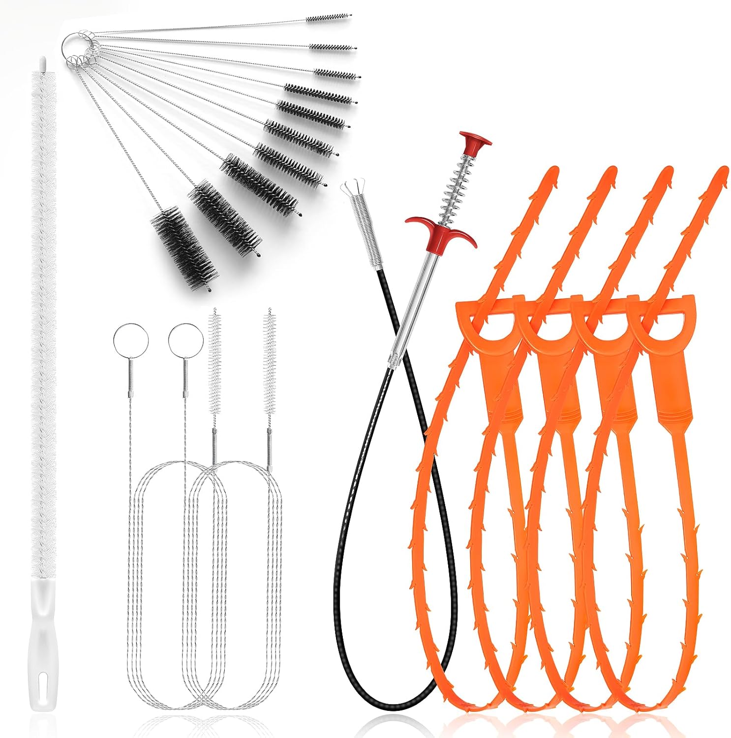 18PCS Drain Clog Remover Tool Set – 59” Drain Snake (2), Snake Drain Hair Removal Tool, 25” Plumbing Snake (4), 24” Sink Snake (1), 18” Sink Drain Cleaner Tool (1), Straw Cleaning Brushes (10)
