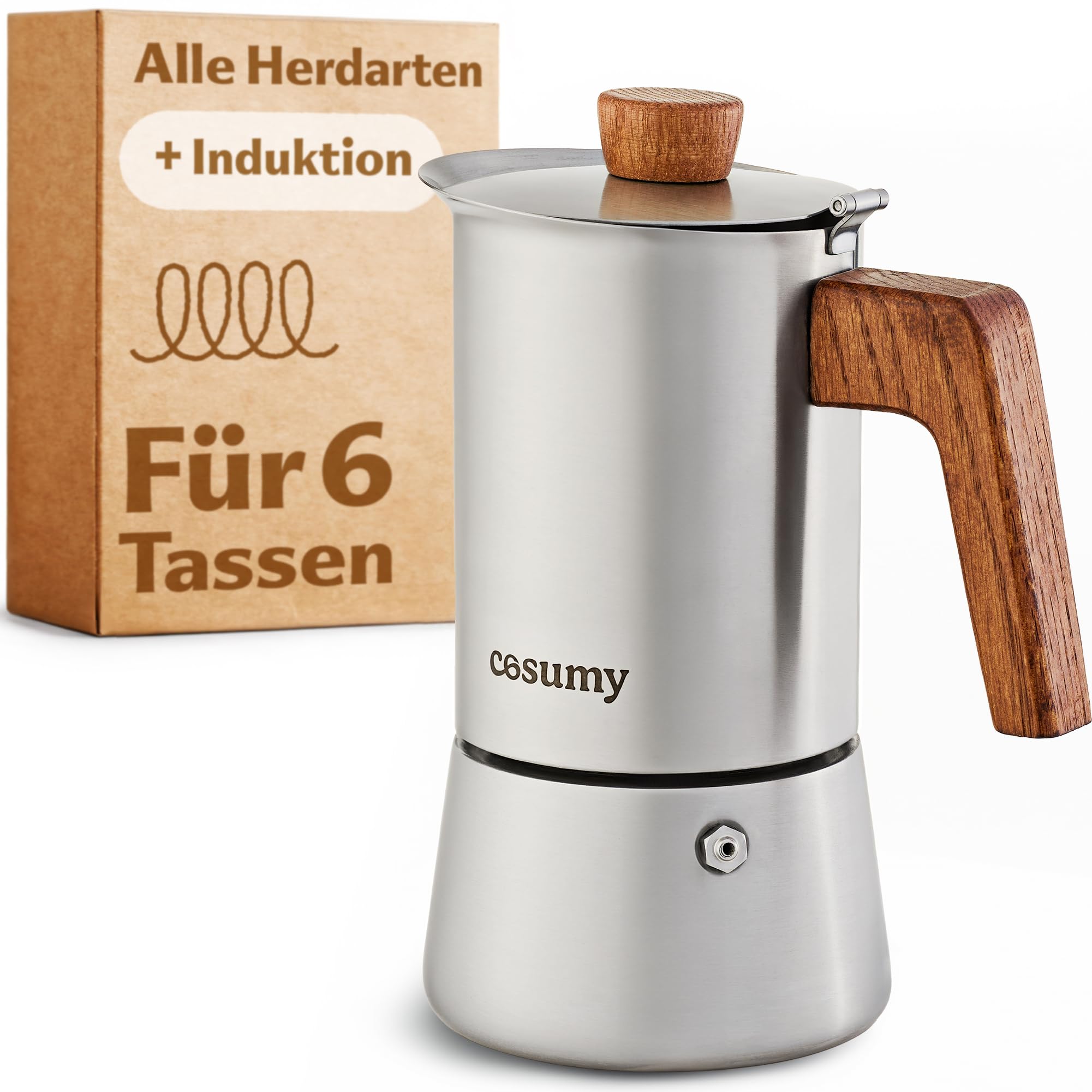 Cosumy Espressokocher Induktion für alle Herdarten geeignet - Mokkakanne Edelstahl 6 Tassen und FSC Eichenholz - Extra Silikondichtung - 300ml