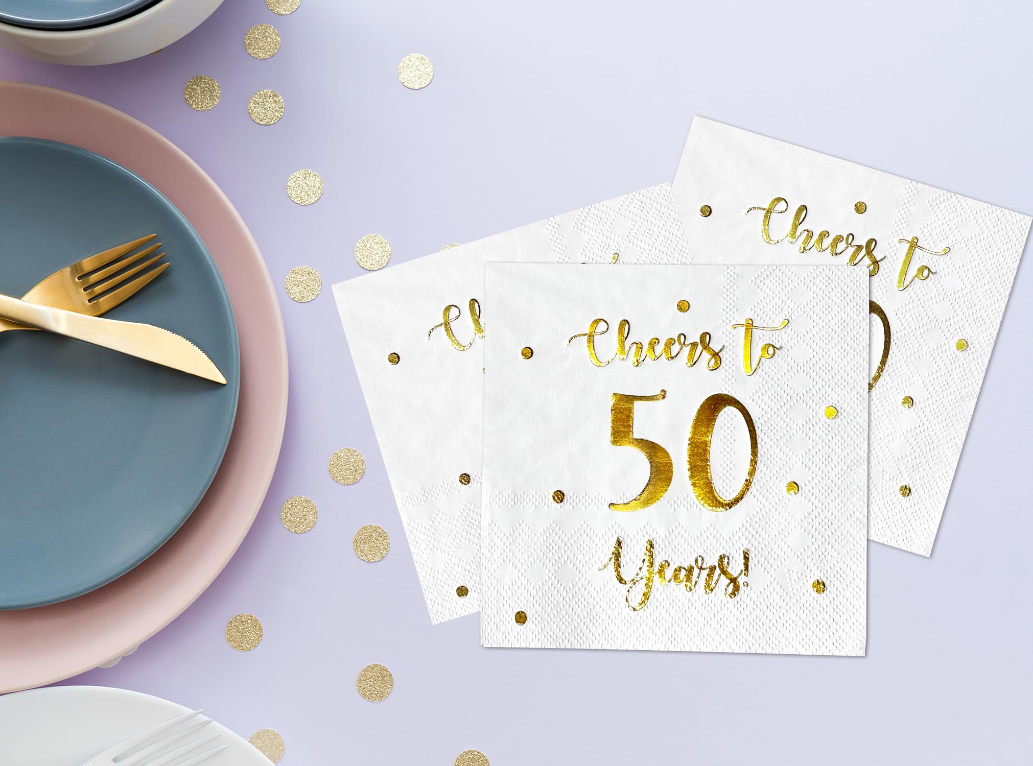 Servilletas de cóctel Cheers to 50 Years | decoraciones de 50 cumpleaños para hombres y mujeres y decoraciones de fiesta de aniversario de boda | 50 servilletas de 3 capas | 5 x 5 pulgadas plegadas