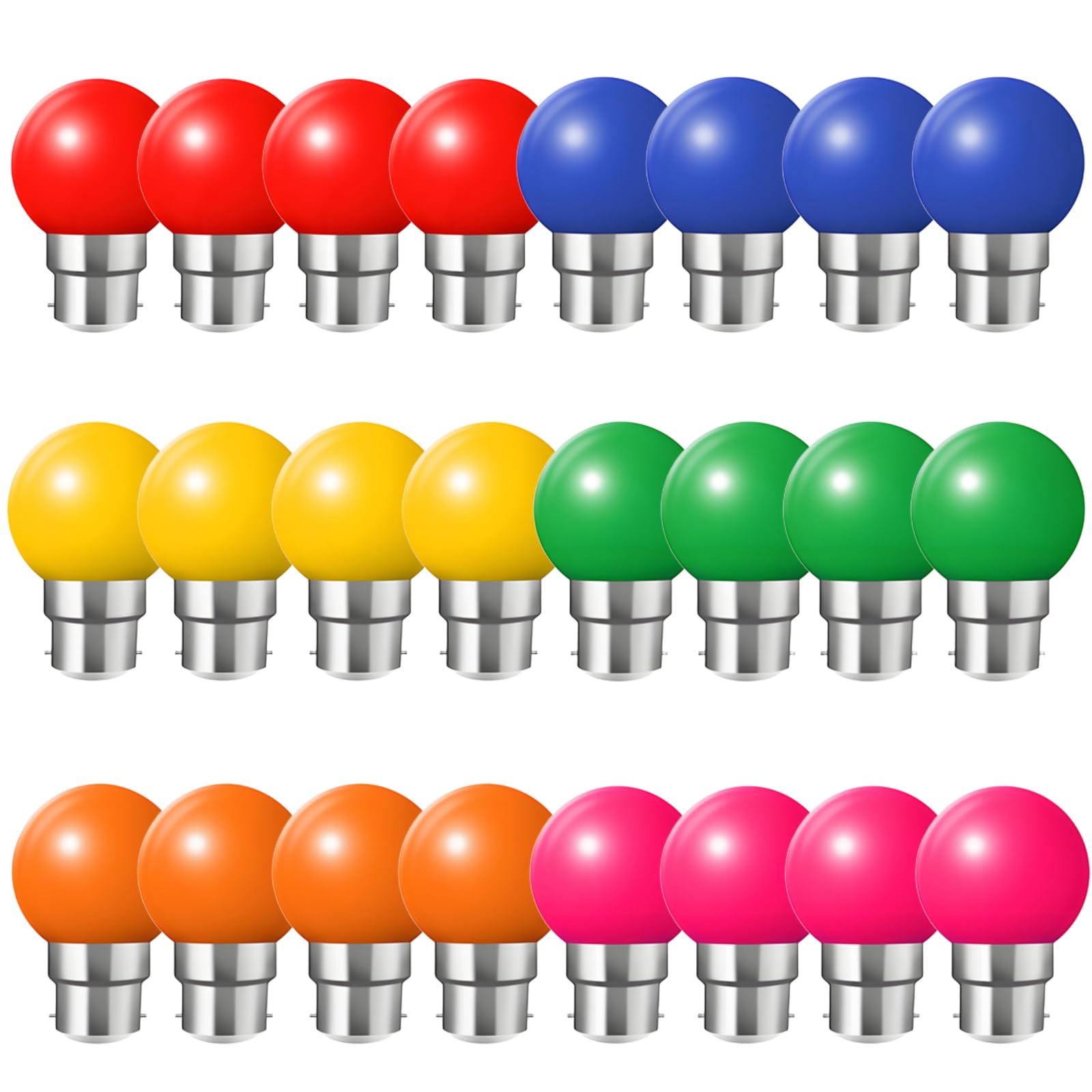 HUAMu 24 Pack Coloured LED Light Bulbs B22 Bayonet, Festoon Golf Bulb 2W, Mixed Colours Red Green Blue Orange Yellow Pink for Outdoor Indoor String, Christmas, Tree, Fairy Party Night Lights
