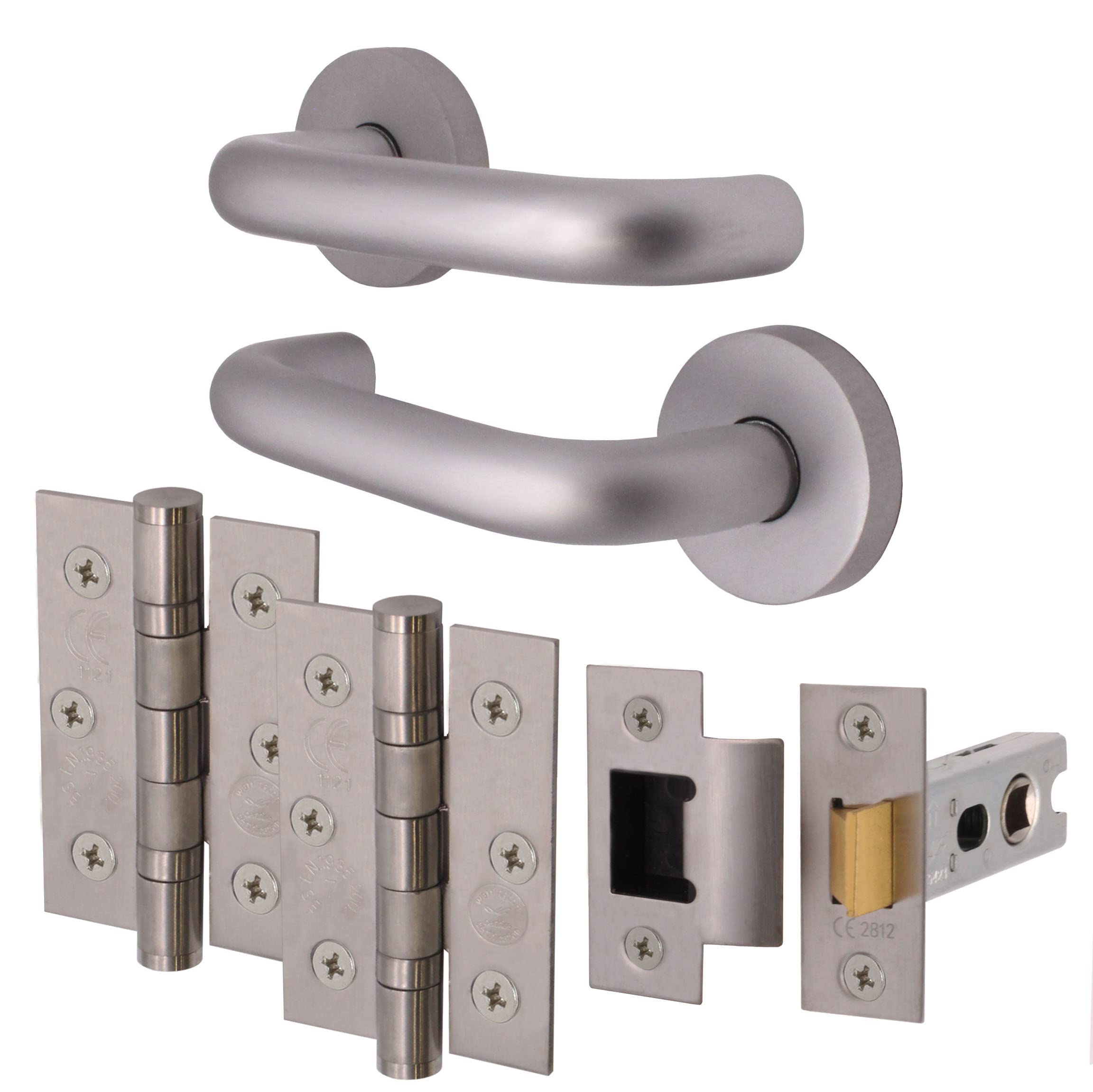 Eai Satin Return To Door Lever On Rose Handle, Hinges & Latch Kit | Aluminium | 66Mm Latch & 76Mm Hinge