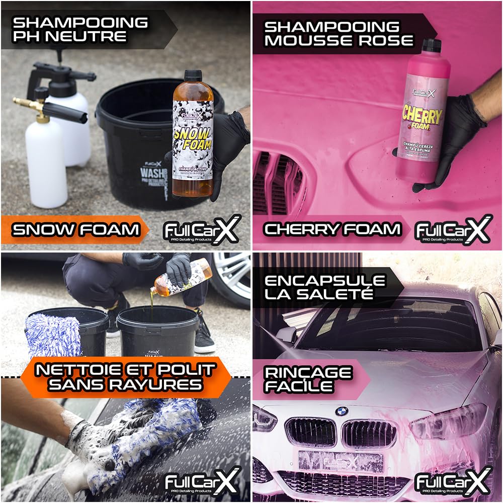 FULLCARX Kit Nettoyage Voiture Extérieur Intérieur Detailing, Nettoyant Jantes, Tissu Cuir, Rénovateur Plastique Tableau de Bord, Shampoing PH Neutre et Alcaline Rose, Cire Carnauba, APC, Vitre Lavage