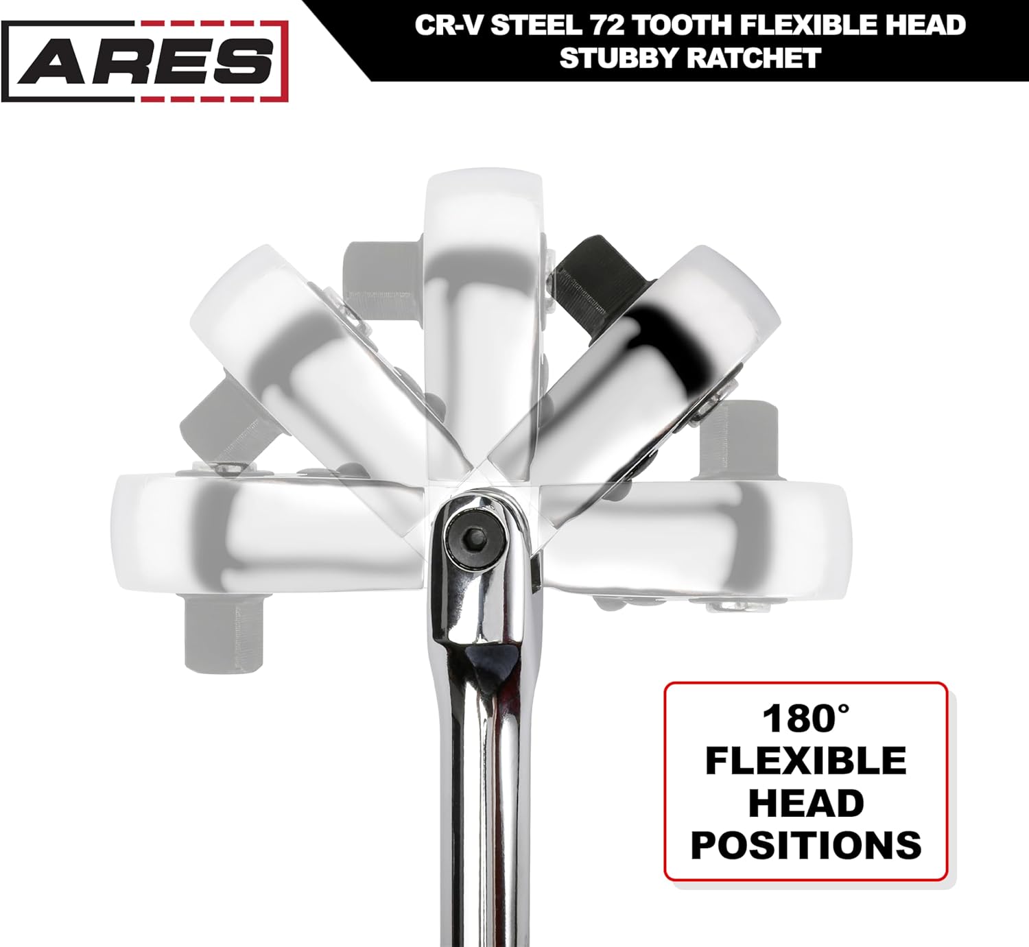 ARES 42044 - Flex Head Stubby Ratchet - 3/8-Inch Drive 72-Tooth Ratchet - Premium Chrome Vanadium Steel Construction & Mirror Polish Finish - Quick Release Reversible Direction Head Design