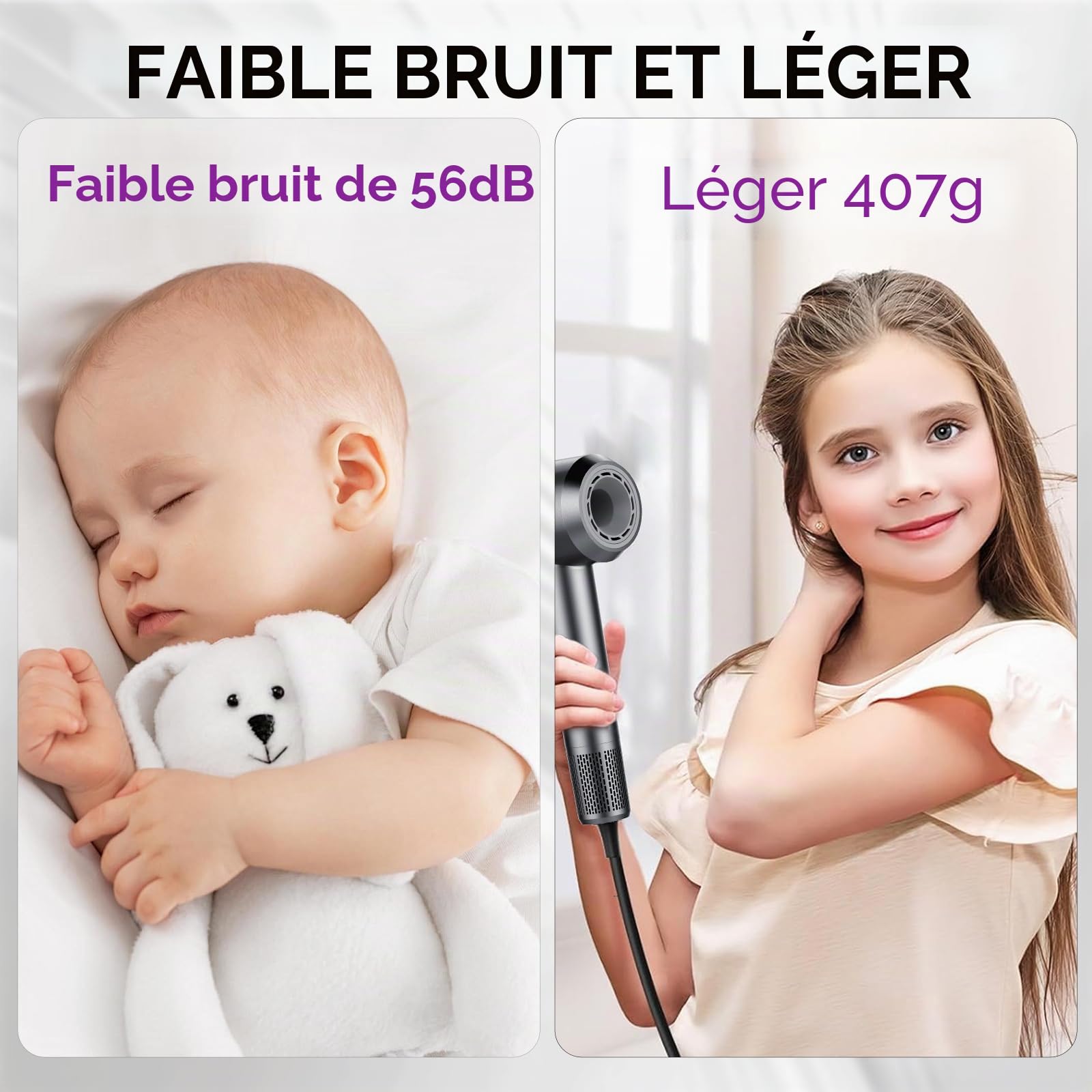 Sèche Cheveux Professionnel Portable 160 000 tr/min Seche Cheveux Ionique avec 5 Milliards d'Ions Négatifs 4 Températures & 3 Vitesses, Faible Bruit Diffuseur Magnétique et Buse Inclus