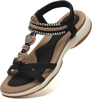Womens Sandals Arch Support Comfortable Bohemian Dressy Summer Flat Sandals | Elastic Ankle Strap,for Daily Wear,Walking,Wedding,Vacation,Beach,Shopping, Office,Casual Outing