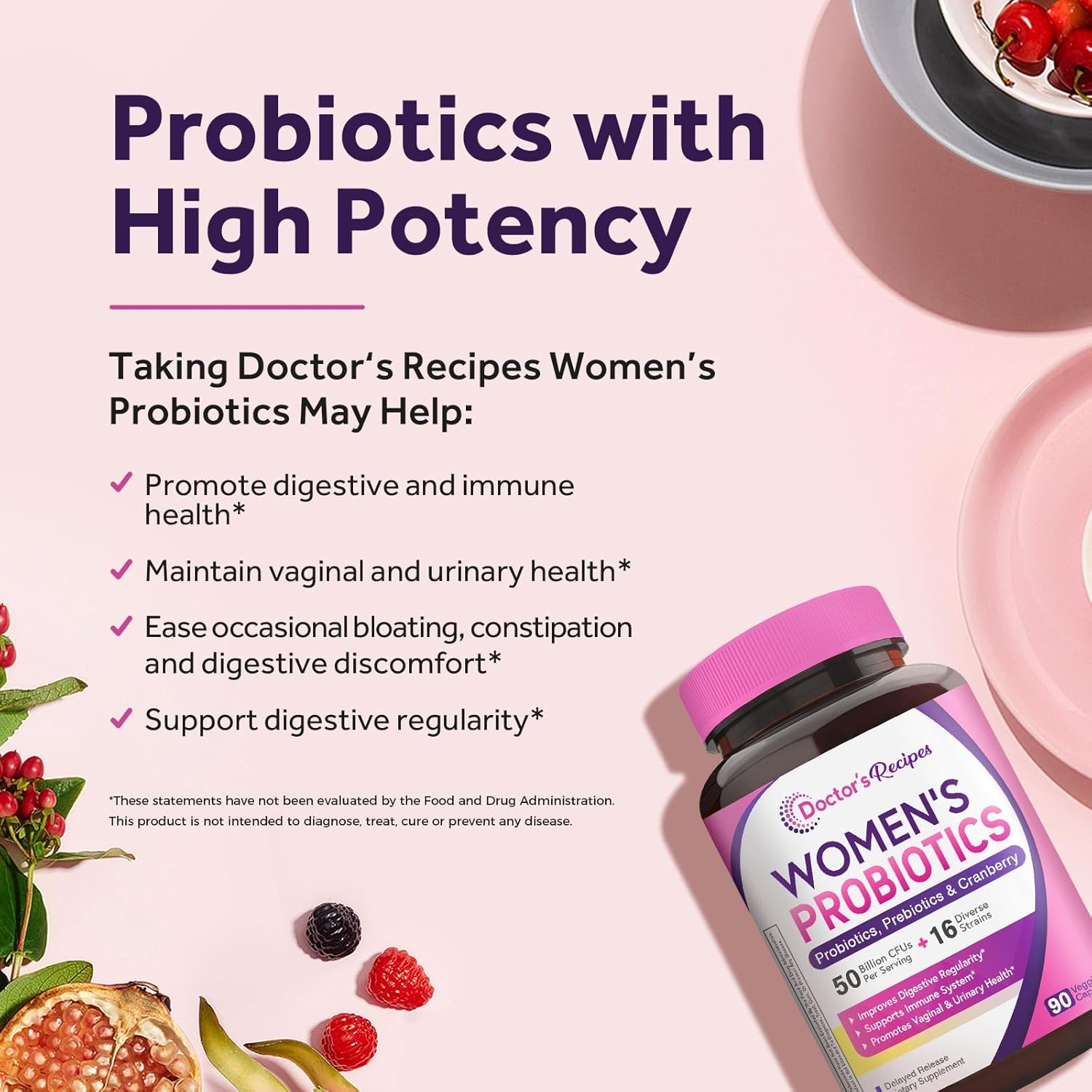 Doctor's Recipes Women's Probiotic, 90 Caps 50 Billion CFU 16 Strains, with Organic Cranberry, Digestive Immune Vaginal & Urinary Health, Shelf Stable, Delayed Release, No Soy Gluten Dairy