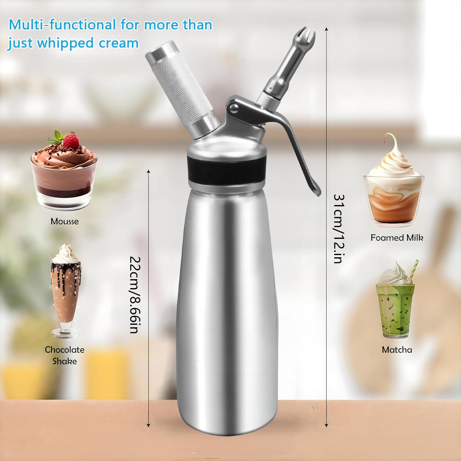 Sahnespender 500 ml aus Aluminium, Sahnebereiter mit 6 Dekordüsen, Schutzkappe und Reinigungsbürsten, Auslaufsicherer Sahnesiphon für Desserts und Kaffee