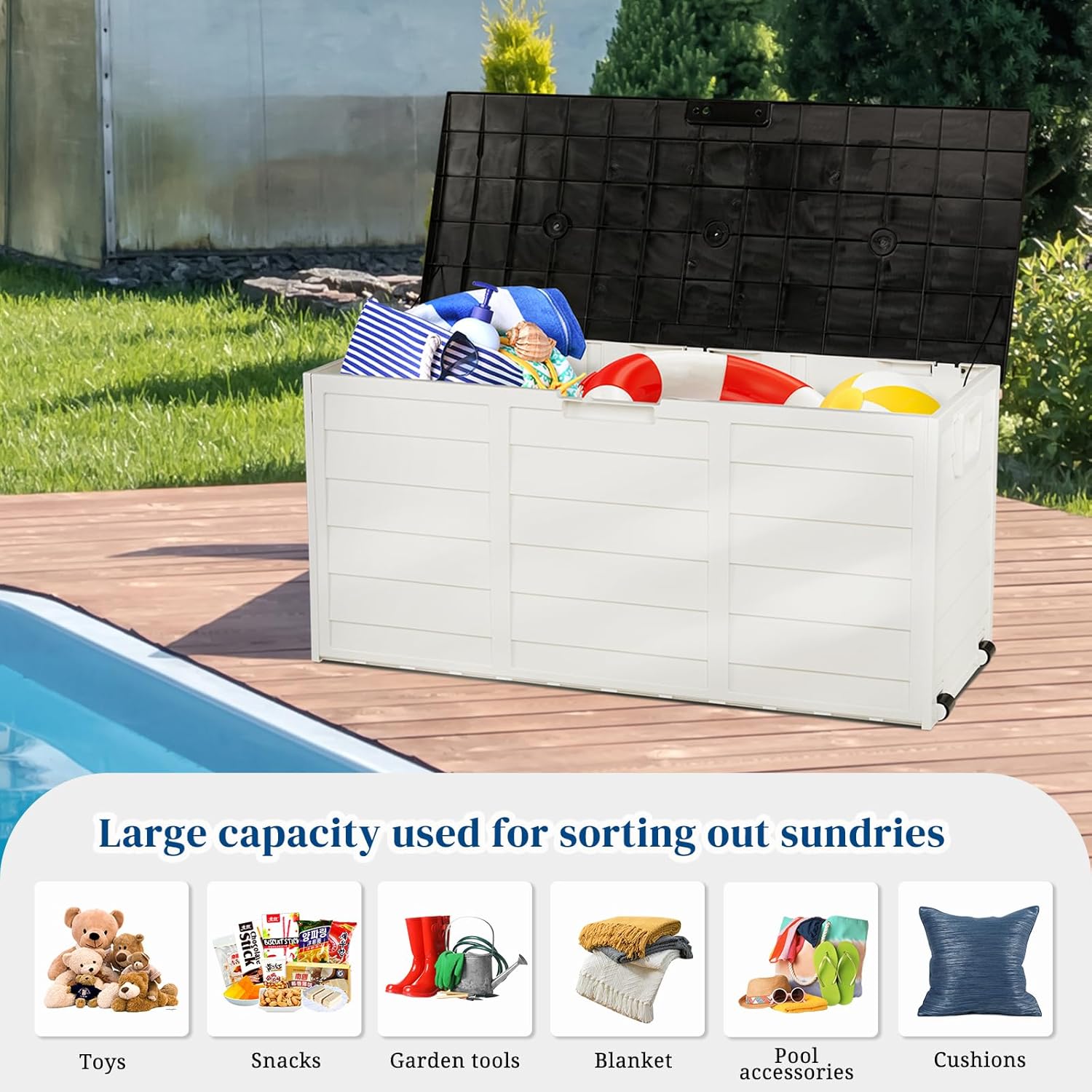 75 Gallon Deck Box Organizer with Wheels, Doubles as 2-Person Bench Seat, Large Plastic Outdoor Storage and Seating with Lockable Lid for Garden, Pool, and Patio (White)