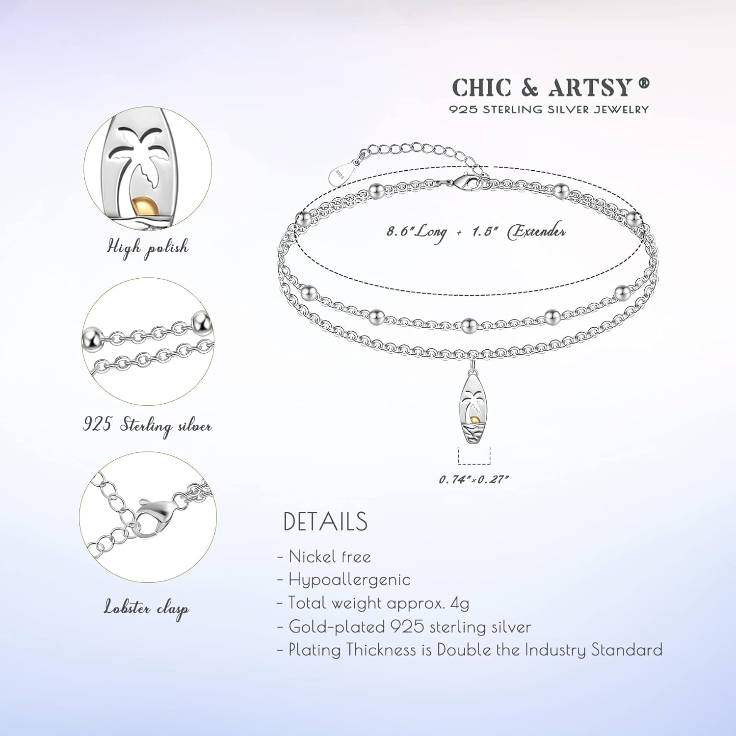 CHIC & ARTSY 925 Sterling Silver Ankle Bracelets for Women, Dainty Adjustable Layered Foot Chains with Symbolic Charms, Boho Beach Everyday Lightweight Jewelry - Image 5