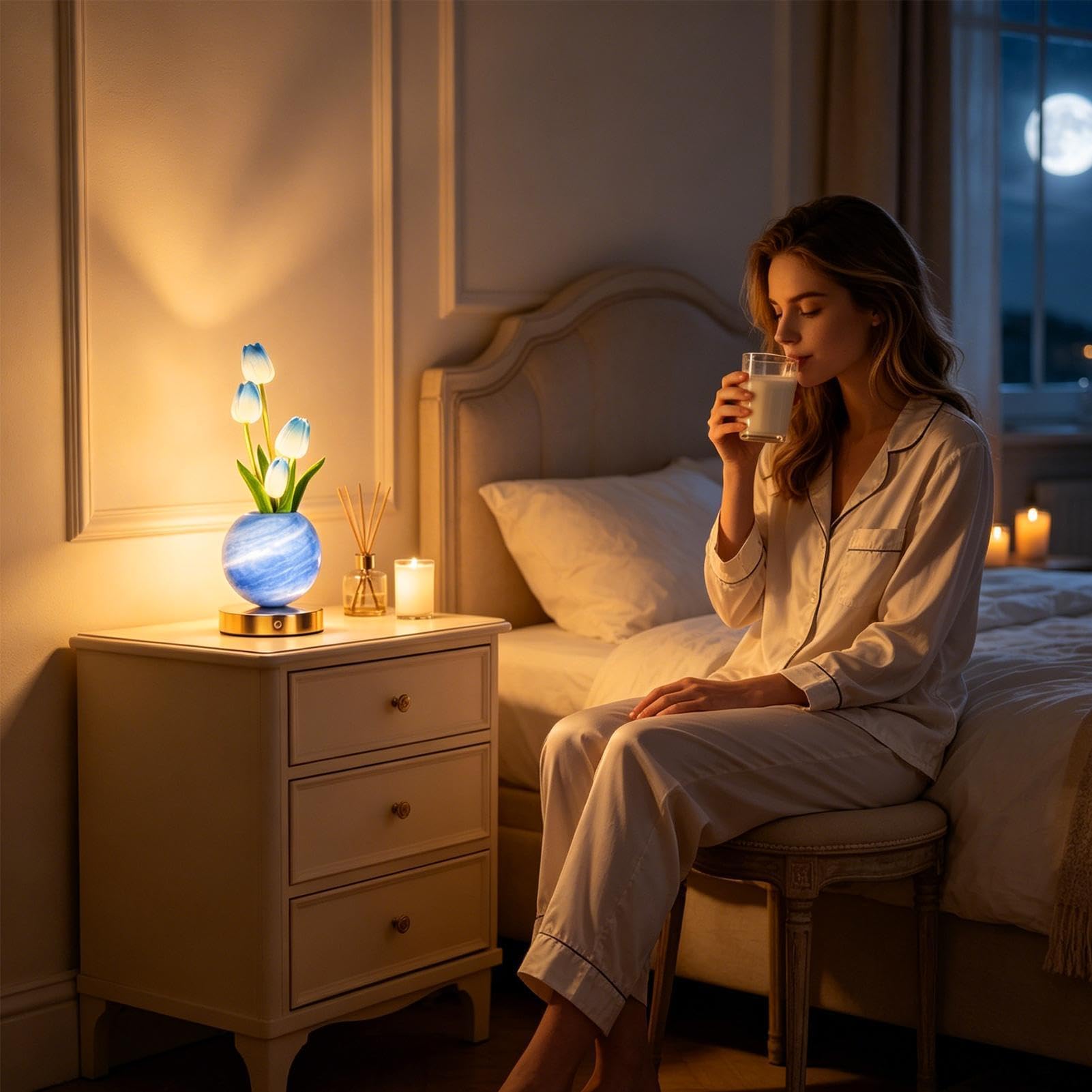 Lampa Biurkowa Kwiatowa Bezprzewodowa 3 Kolory Ściemniana Ładowalna | Podświetlane Lampki Tulipanowe Do Sypialni, Salonu, Stolika Nocnego, Komody, Toaletki, Dla Mamy I Córki Na