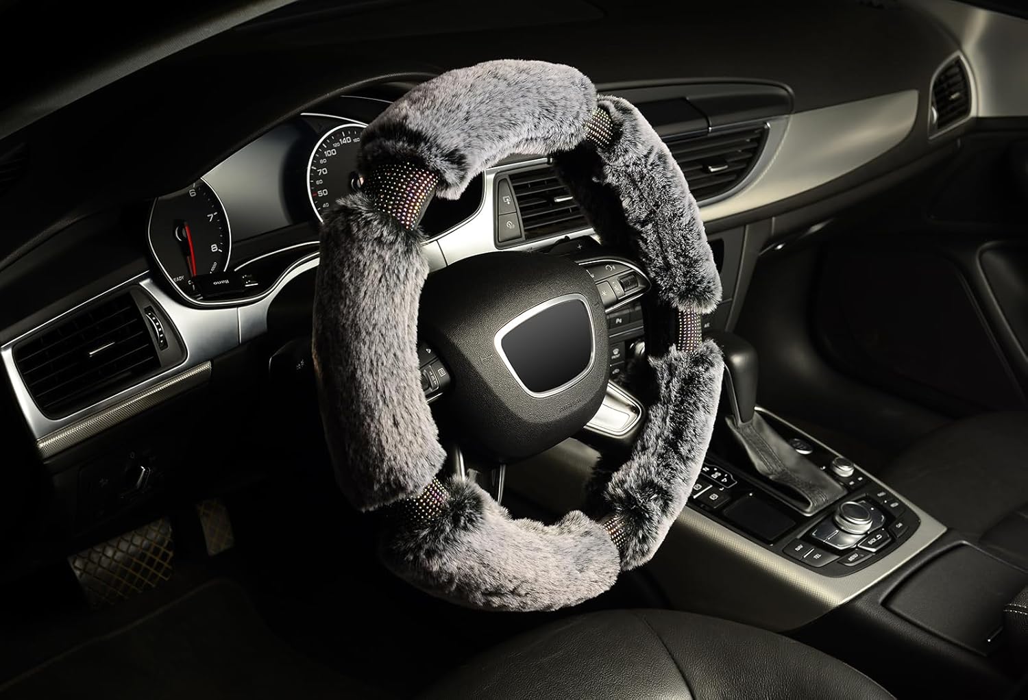 KAFEEK Diamond Fluffy Microfiber Plush Steering Wheel Cover with Bling Bling Crystal Rhinestones for Winter Warm, Universal 15 inch Fuzzy Steering Wheel Cover,Gray