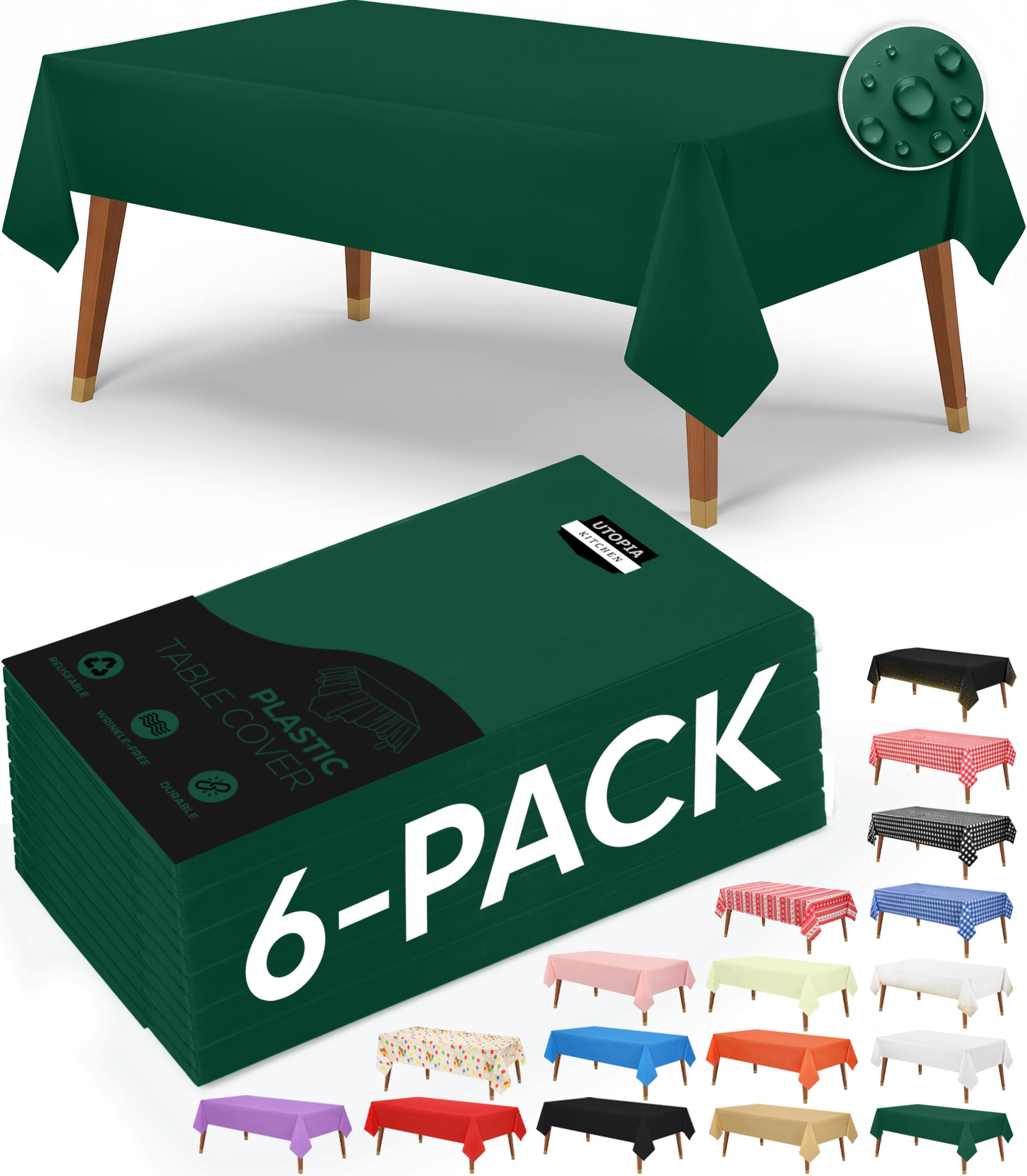 Utopia Kitchen Plastic Table Cloth Disposable (6 Pack - 54x108 Inch) Green Rectangle Tablecloth Waterproof Stain Resistant Party Table Cover