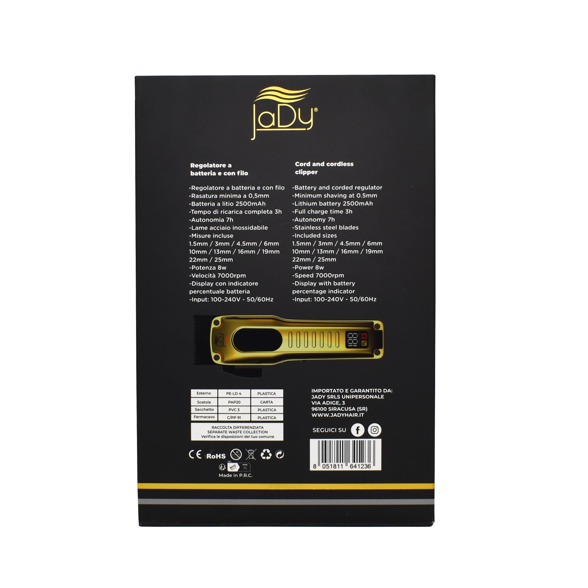 JaDy Diamond Gold Pro – Tosatrice Professionale per Capelli, Rasoio Elettrico Potente e Silenzioso, Lame di Precisione, Zero Gap, Ricaricabile – Tagliacapelli per Uomo e Barbiere