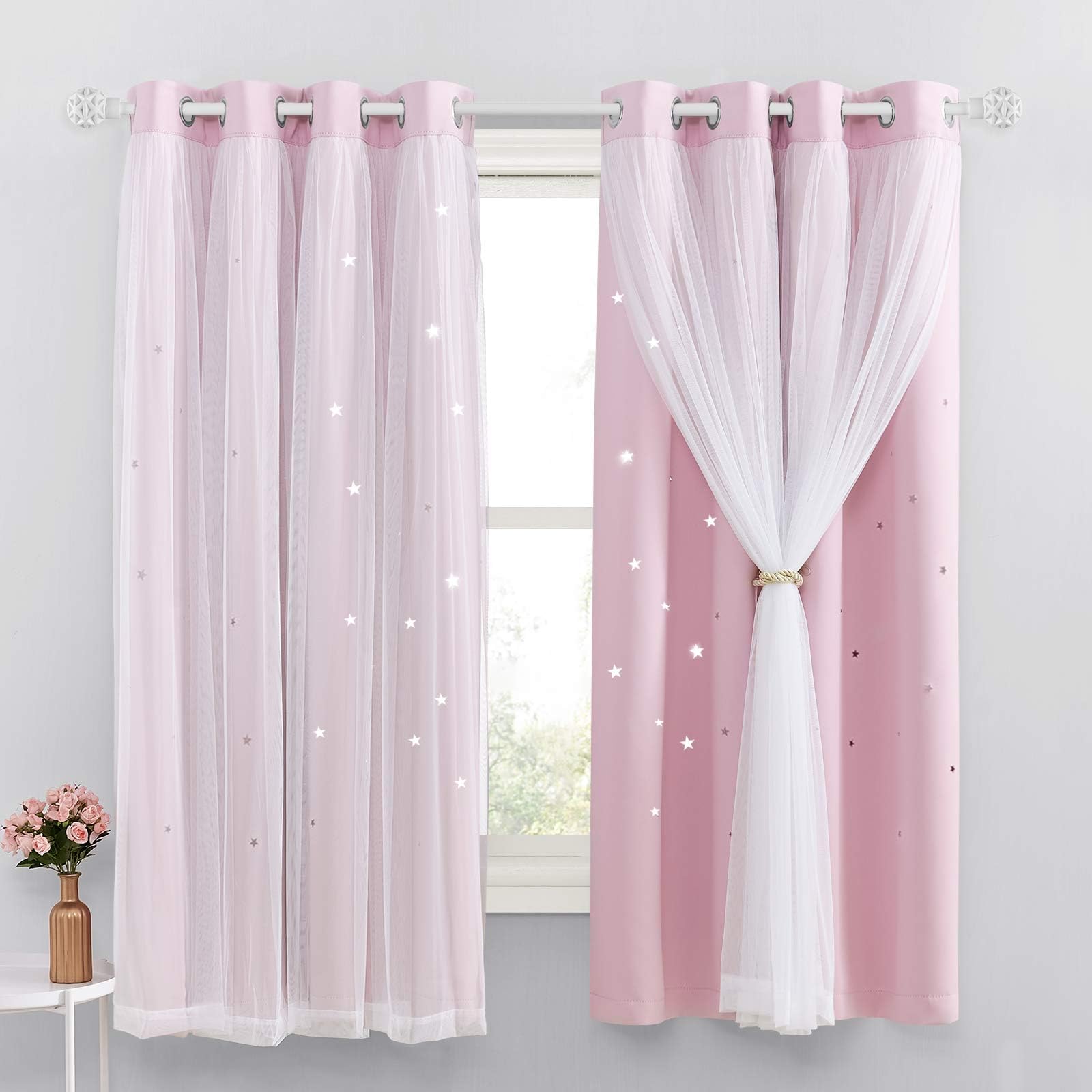 NICETOWN Blackout Pink Curtains - Stars Cut Out for Kids Nursery, Girls Room, Thermal Drapery with Eyelet, 2 Panels, W52 x L72 Inch (132x183 cm), Pink