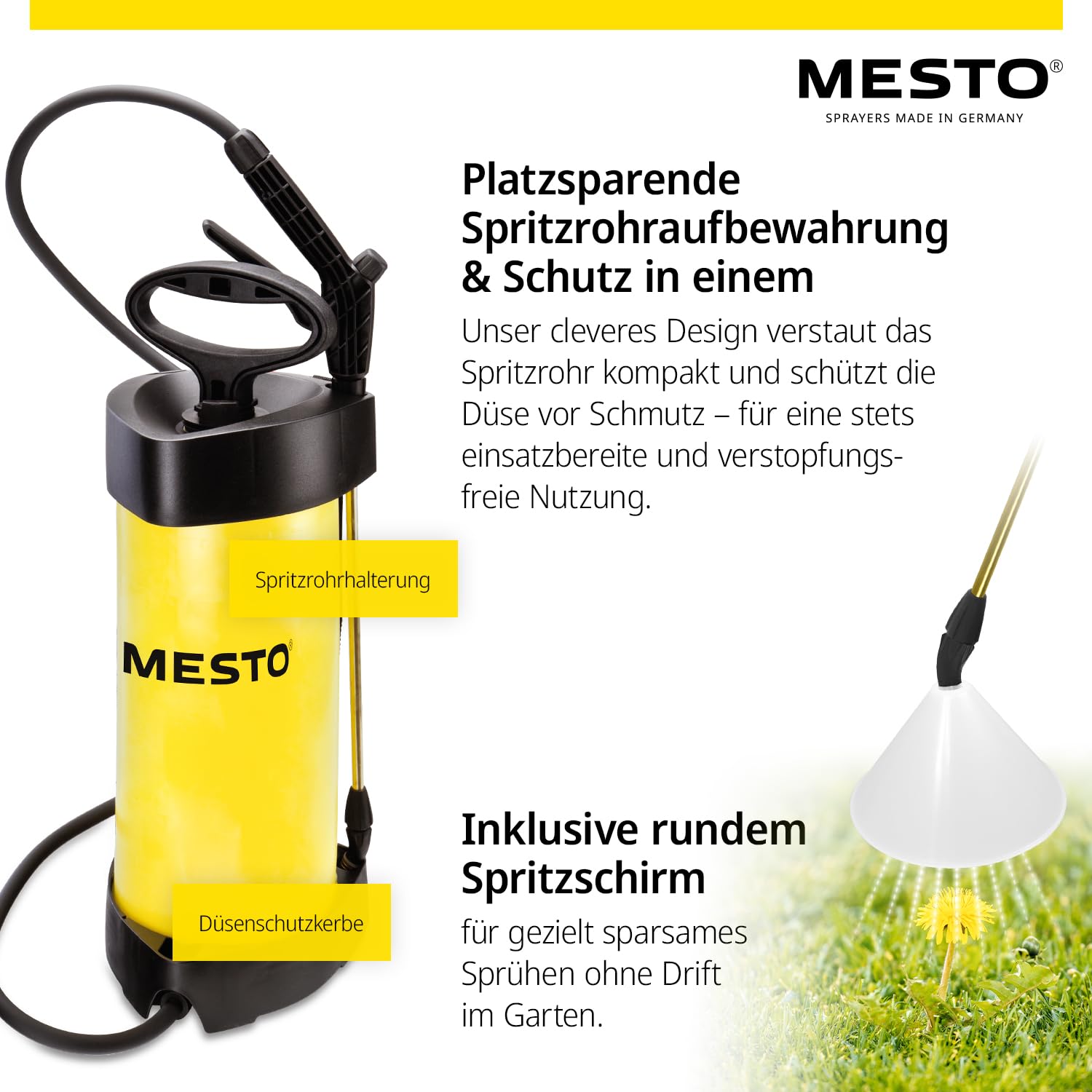 Mesto FLORI M Drucksprühgerät 5L SET inkl. Spritzschirm rund | Drucksprüher 3 Bar | Sprühflasche für Haus & Garten | Pumpsprühflasche für Pflanzen | Unkrautvernichter & Pflanzenschutz