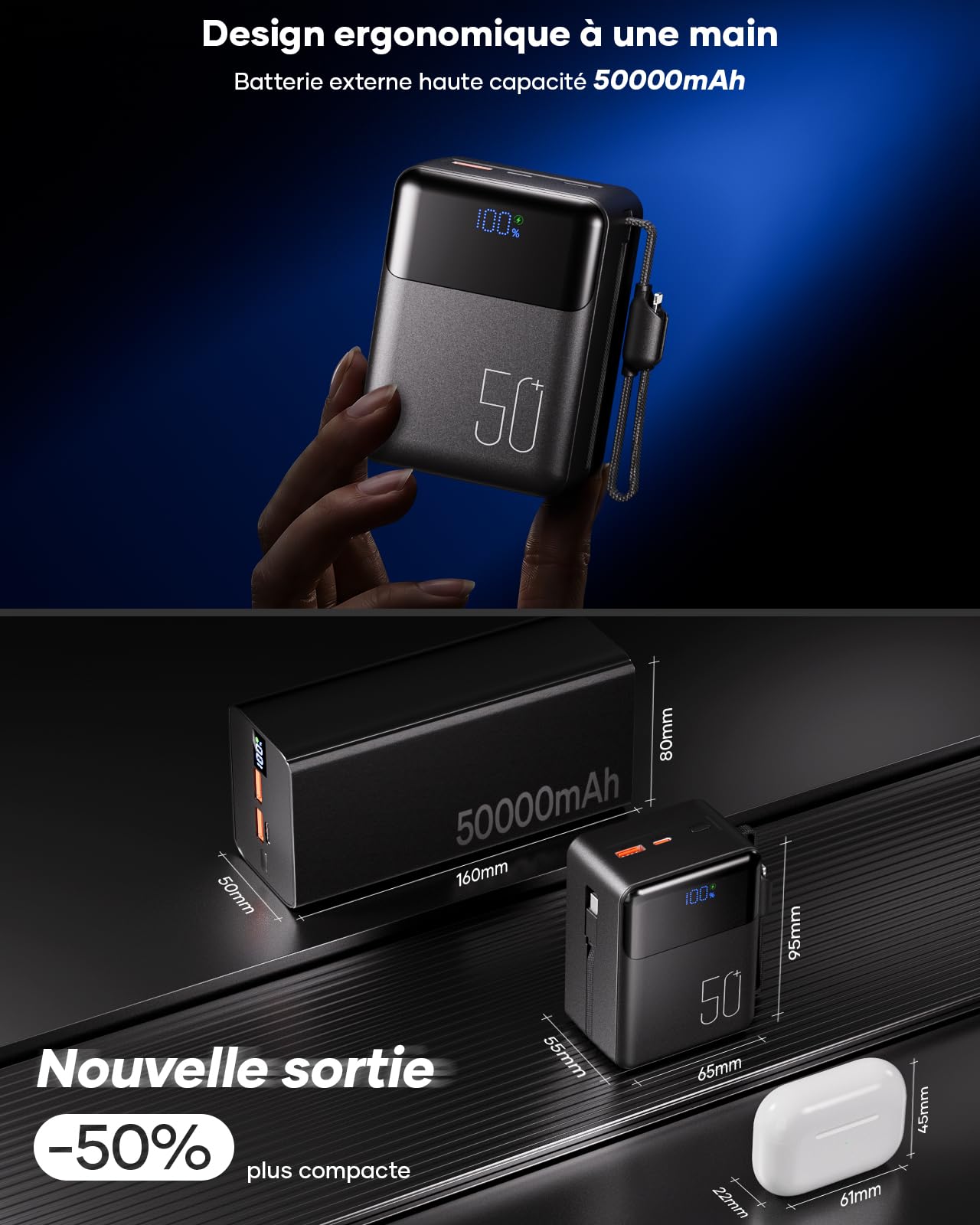 Power Bank de 50000 mAh avec ultra-compact grande capacité:Batterie externe de câble intégré charge rapide de 22,5 W avec grande capacité, chargeur portable avec 4 sorties et 1 entrées. Lecteur MP3 Go